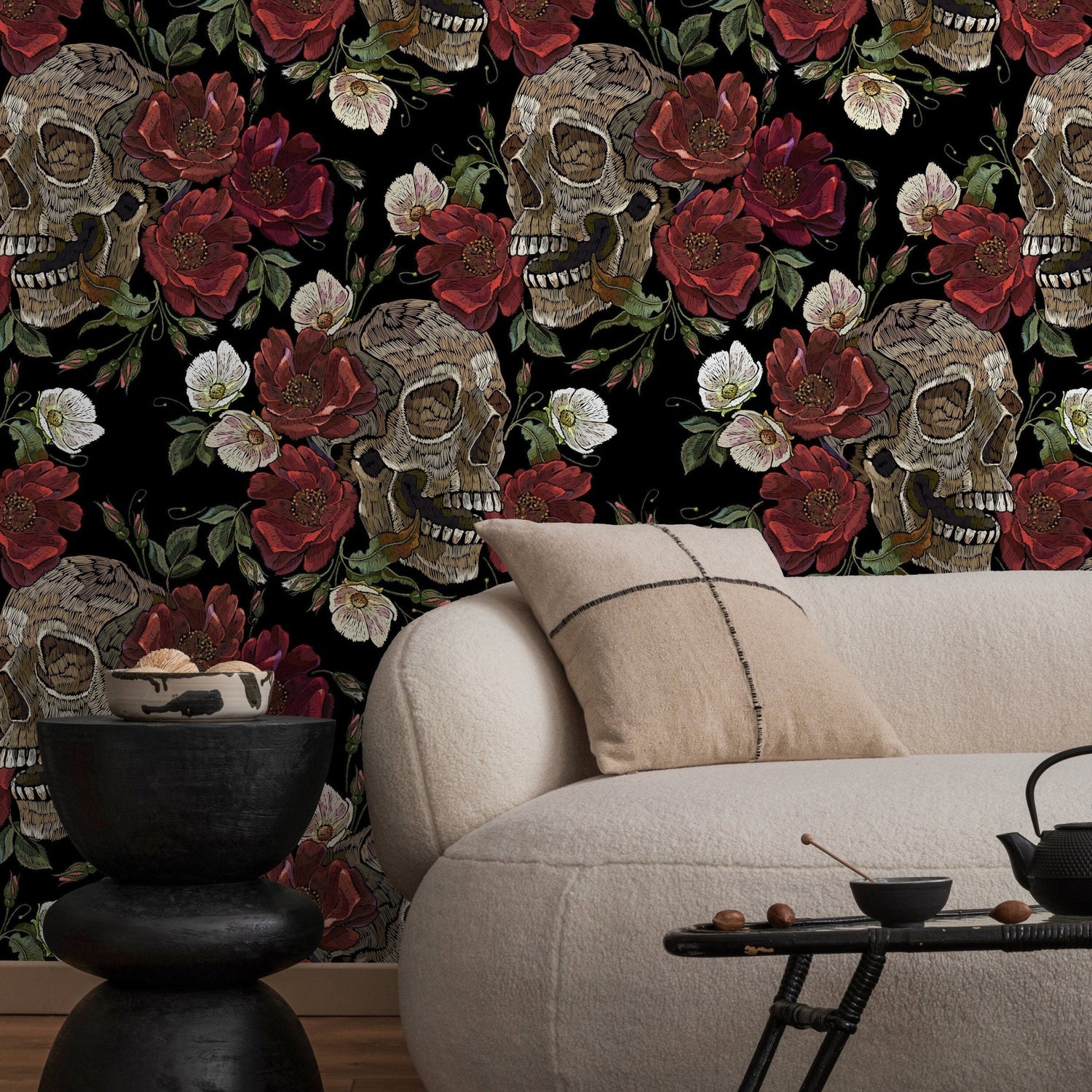 Dark Garden Wallpaper Skulls and Roses Wallpaper Peel and Stick and Traditional Wallpaper - D907 - WallTrend