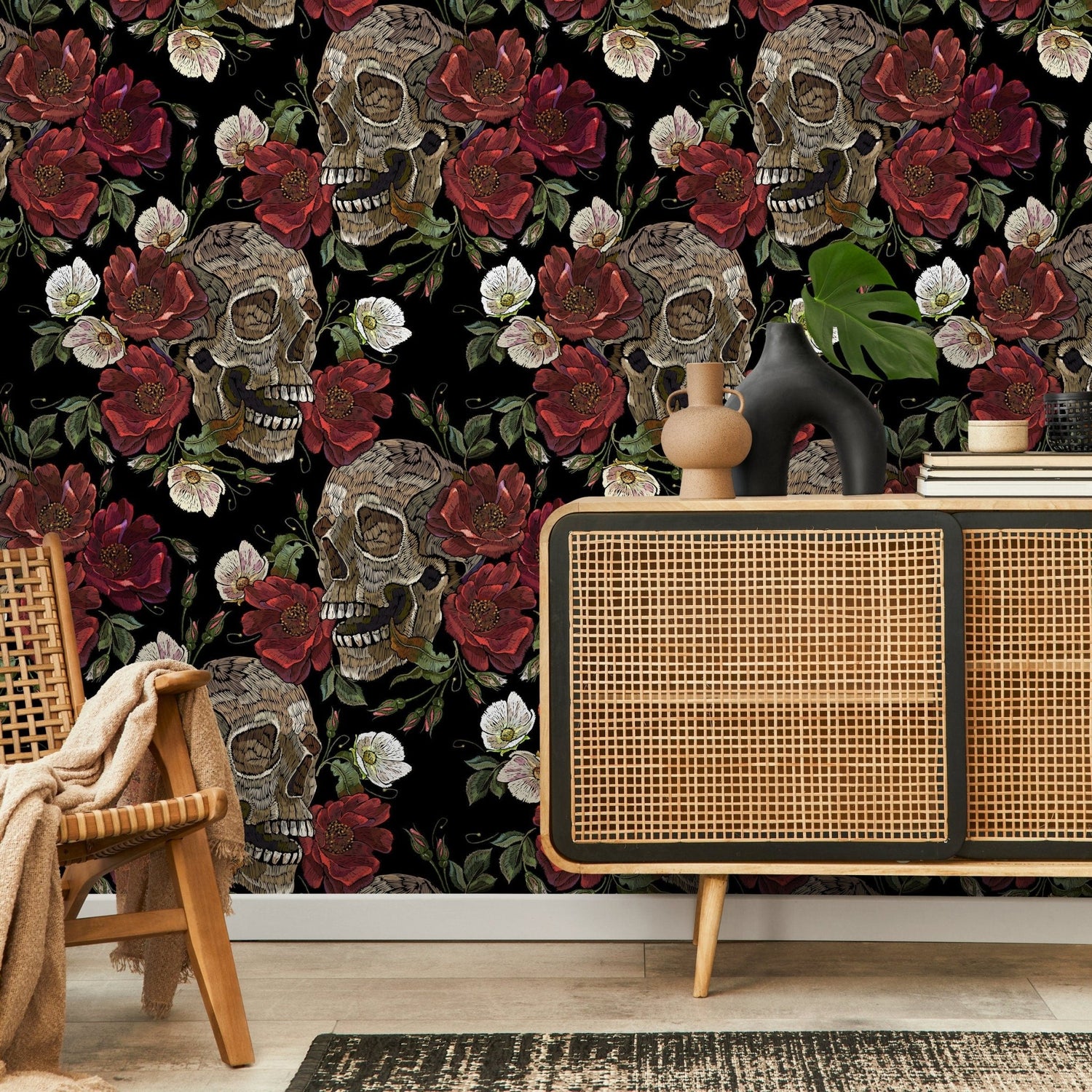 Dark Garden Wallpaper Skulls and Roses Wallpaper Peel and Stick and Traditional Wallpaper - D907 - WallTrend