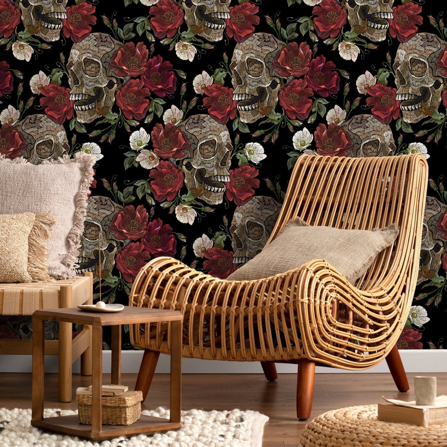 Dark Garden Wallpaper Skulls and Roses Wallpaper Peel and Stick and Traditional Wallpaper - D907 - WallTrend