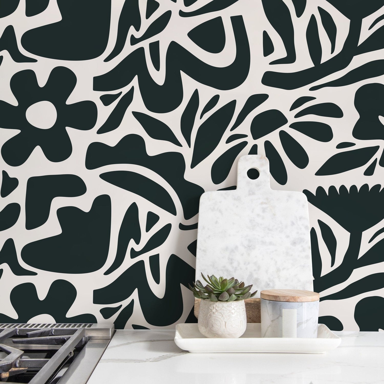 Dark Green Abstract Wallpaper Boho Floral Wallpaper Peel and Stick and Traditional Wallpaper - D675 - WallTrend