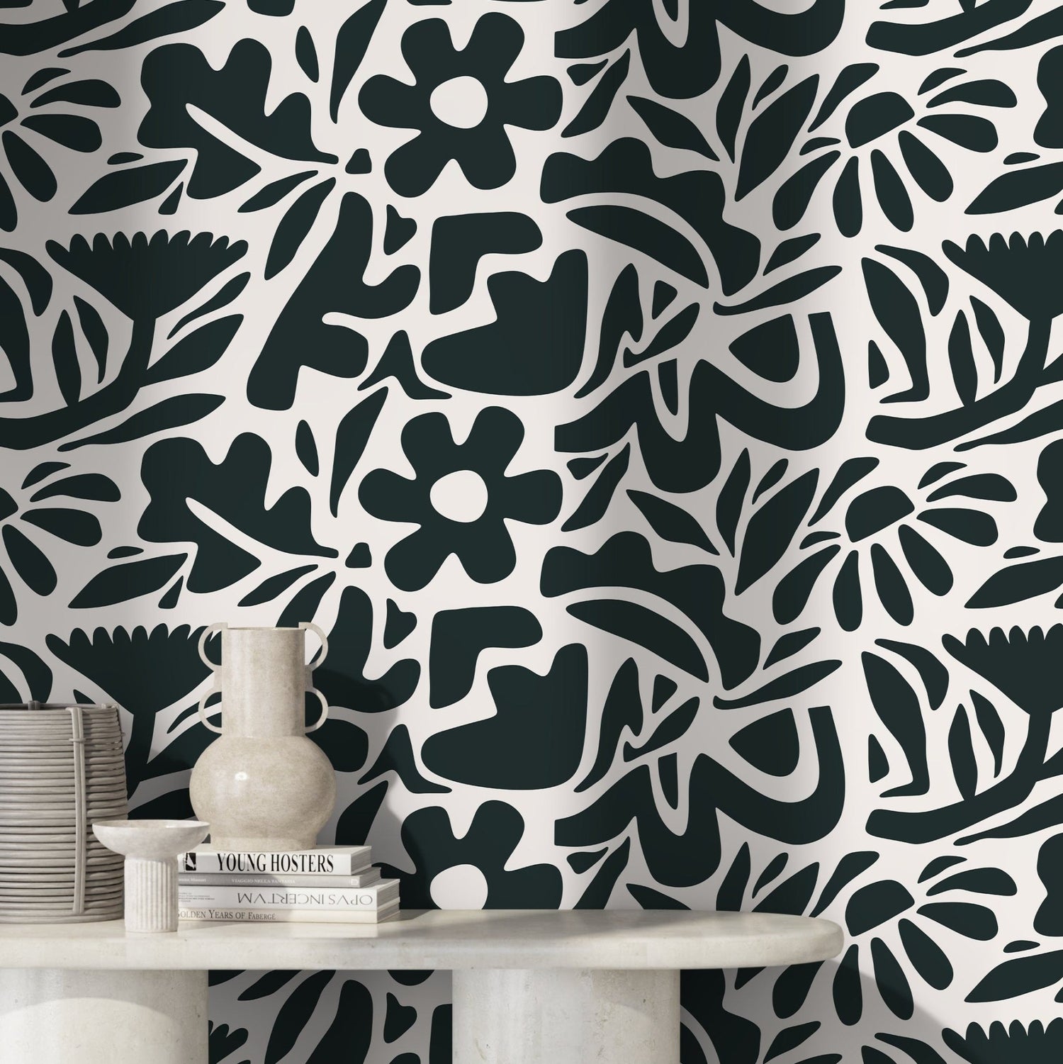 Dark Green Abstract Wallpaper Boho Floral Wallpaper Peel and Stick and Traditional Wallpaper - D675 - WallTrend