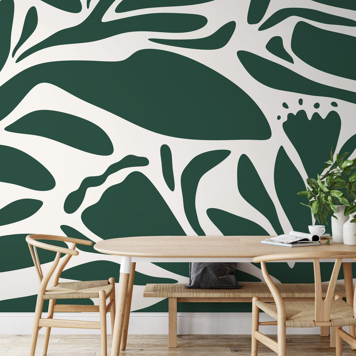 Dark Green Floral Mural Abstract Wallpaper Peel and Stick and Traditional Wallpaper - D705 - WallTrend