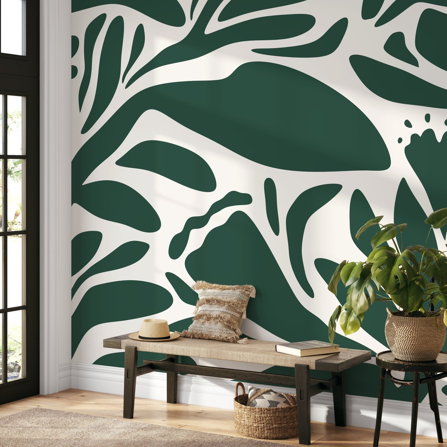 Dark Green Floral Mural Abstract Wallpaper Peel and Stick and Traditional Wallpaper - D705 - WallTrend