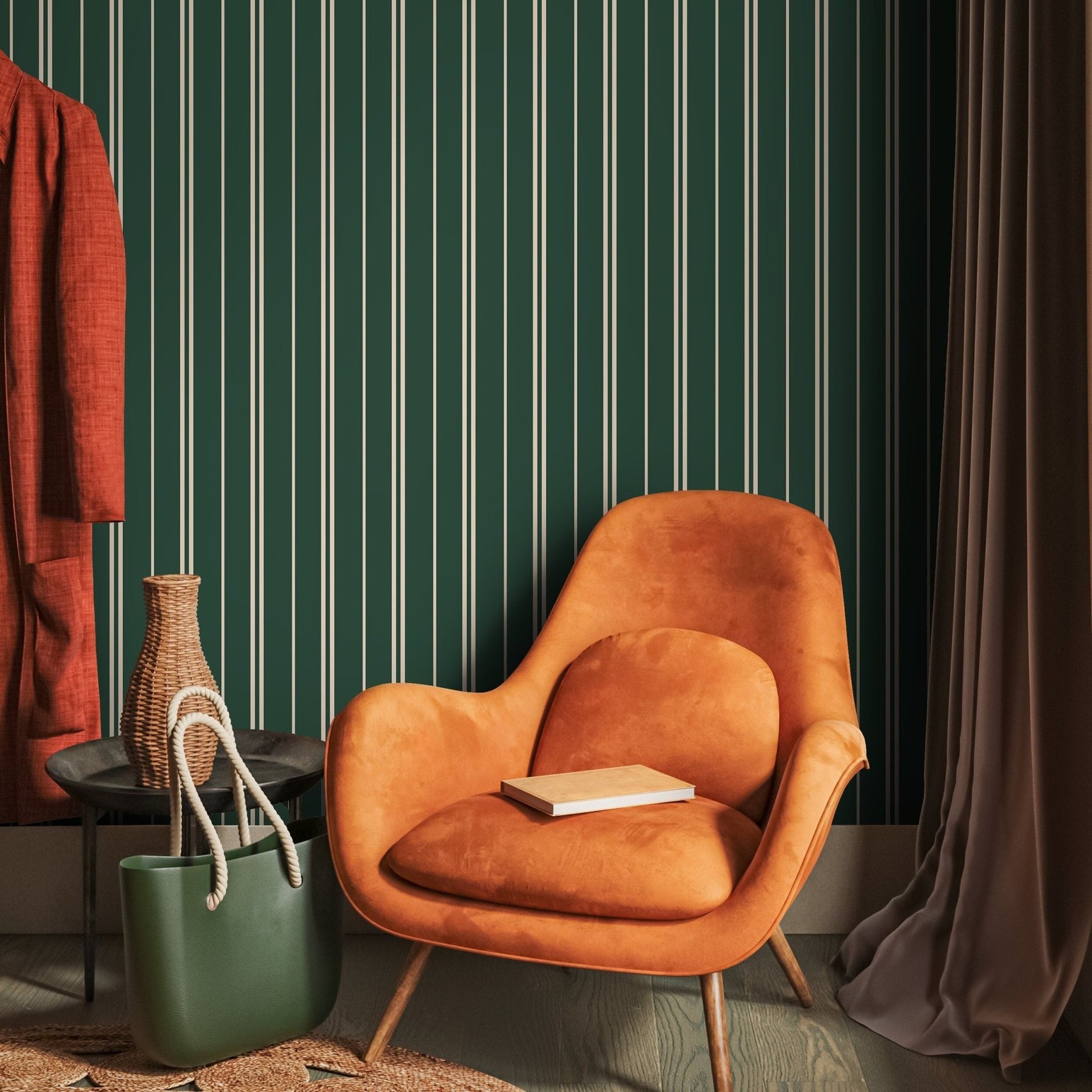 Dark Green Lines Wallpaper Striped Wallpaper Peel and Stick and Traditional Wallpaper - D769 - WallTrend