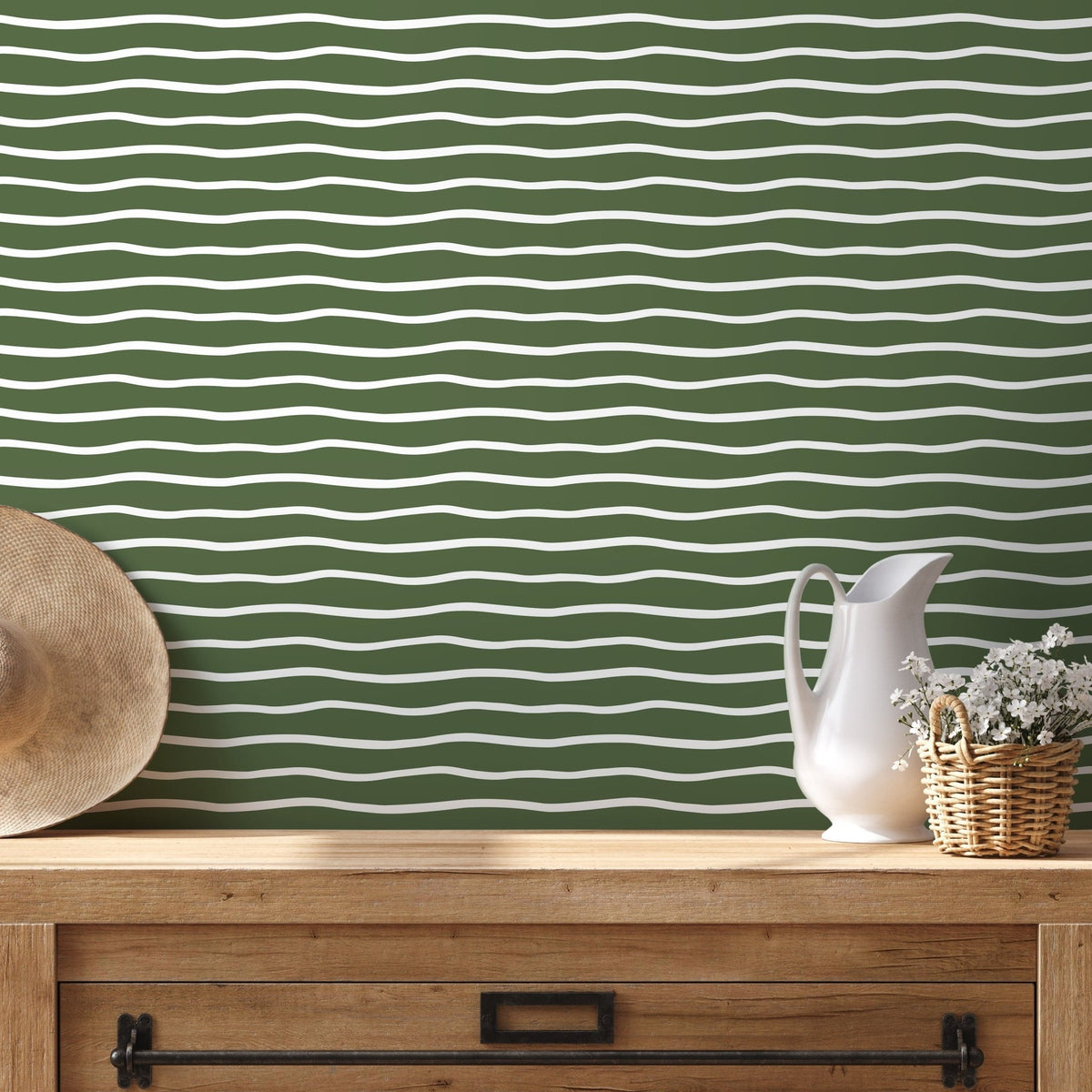 Dark Green Minimalist Lines Wallpaper Boho Wallpaper Peel and Stick and Traditional Wallpaper - D750 - WallTrend