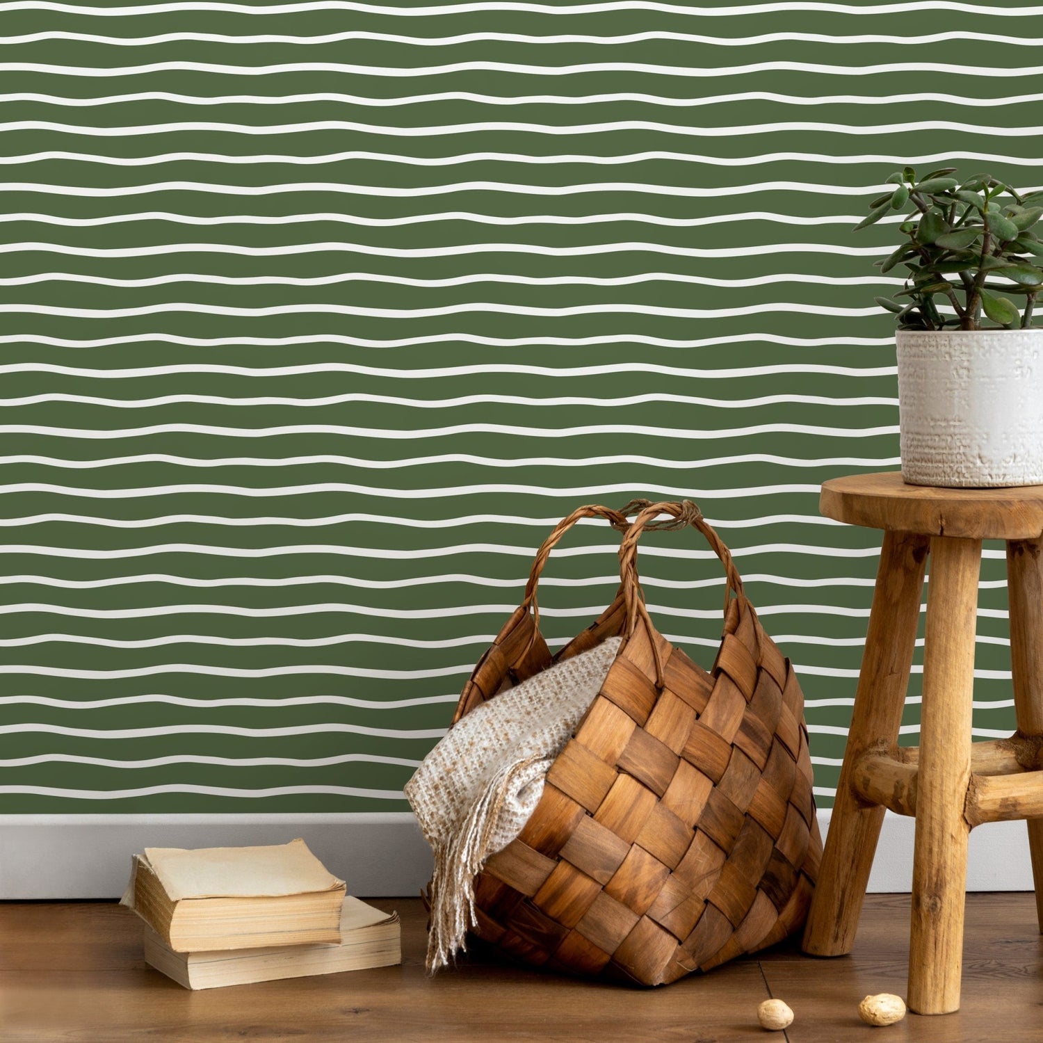 Dark Green Minimalist Lines Wallpaper Boho Wallpaper Peel and Stick and Traditional Wallpaper - D750 - WallTrend