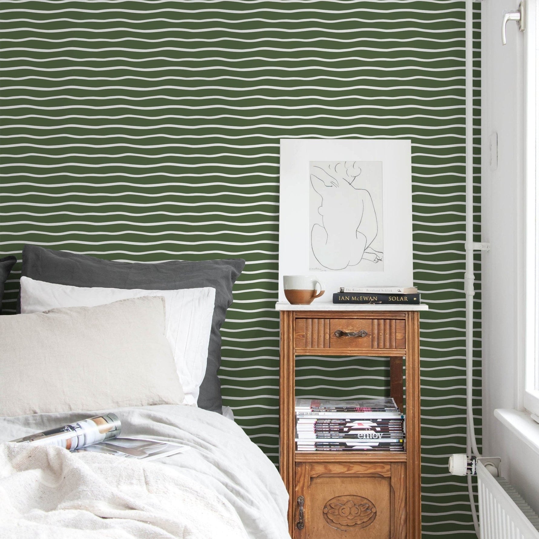 Dark Green Minimalist Lines Wallpaper Boho Wallpaper Peel and Stick and Traditional Wallpaper - D750 - WallTrend