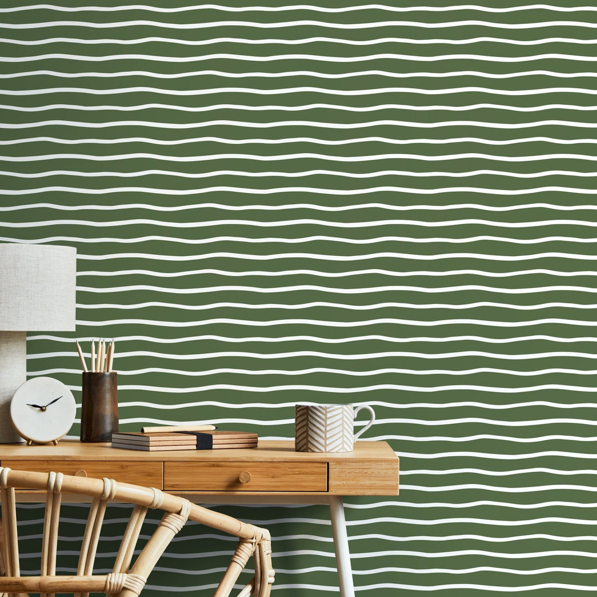 Dark Green Minimalist Lines Wallpaper Boho Wallpaper Peel and Stick and Traditional Wallpaper - D750 - WallTrend