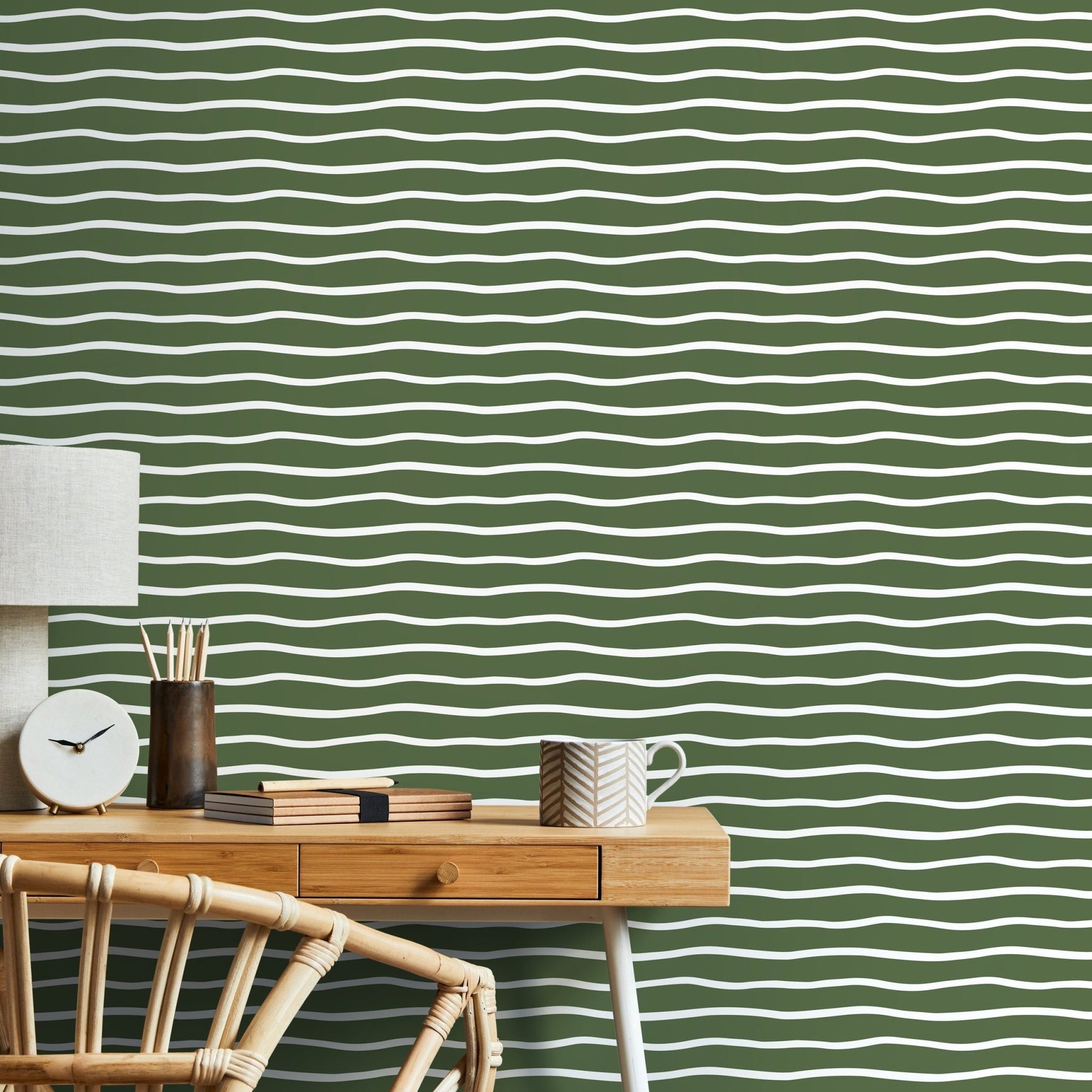 Dark Green Minimalist Lines Wallpaper Boho Wallpaper Peel and Stick and Traditional Wallpaper - D750 - WallTrend