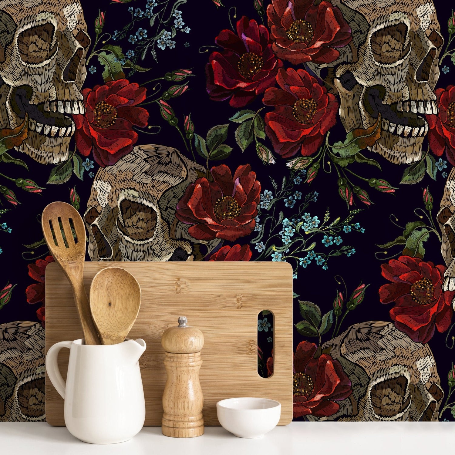 Dark Roses Wallpaper Gothic Skull Wallpaper Peel and Stick and Traditional Wallpaper - D893 - WallTrend