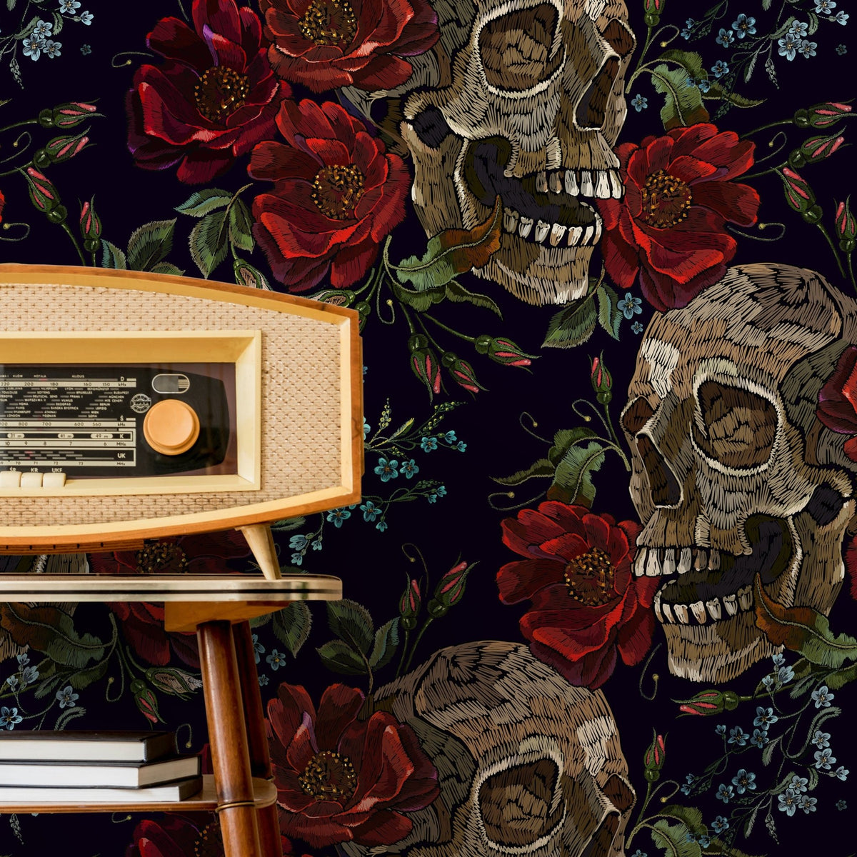 Dark Roses Wallpaper Gothic Skull Wallpaper Peel and Stick and Traditional Wallpaper - D893 - WallTrend