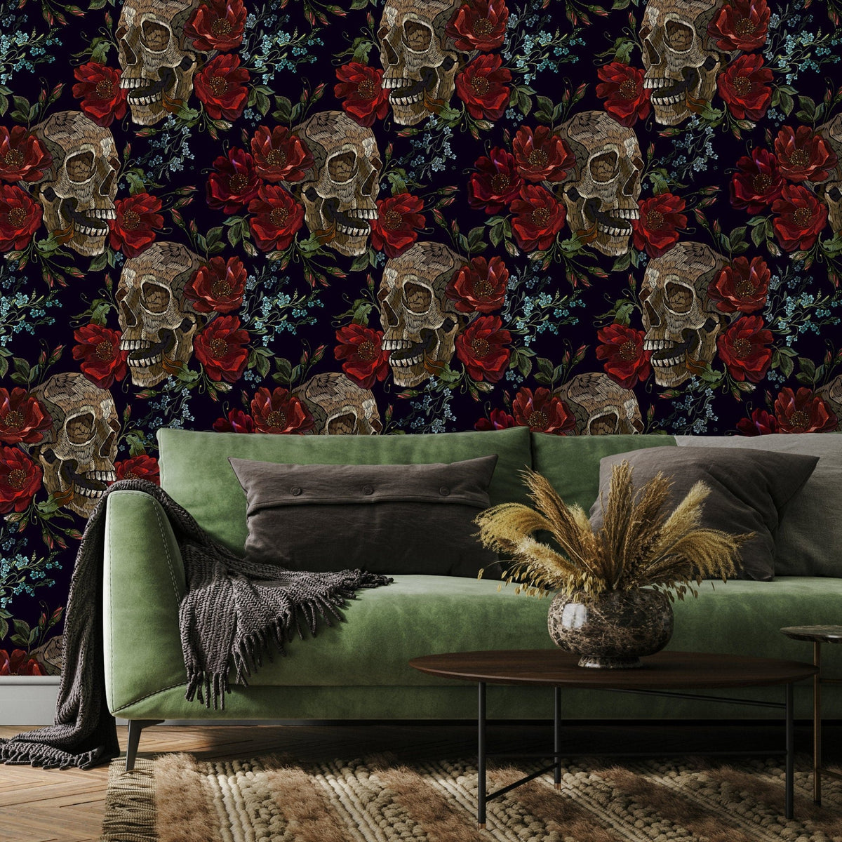 Dark Roses Wallpaper Gothic Skull Wallpaper Peel and Stick and Traditional Wallpaper - D893 - WallTrend