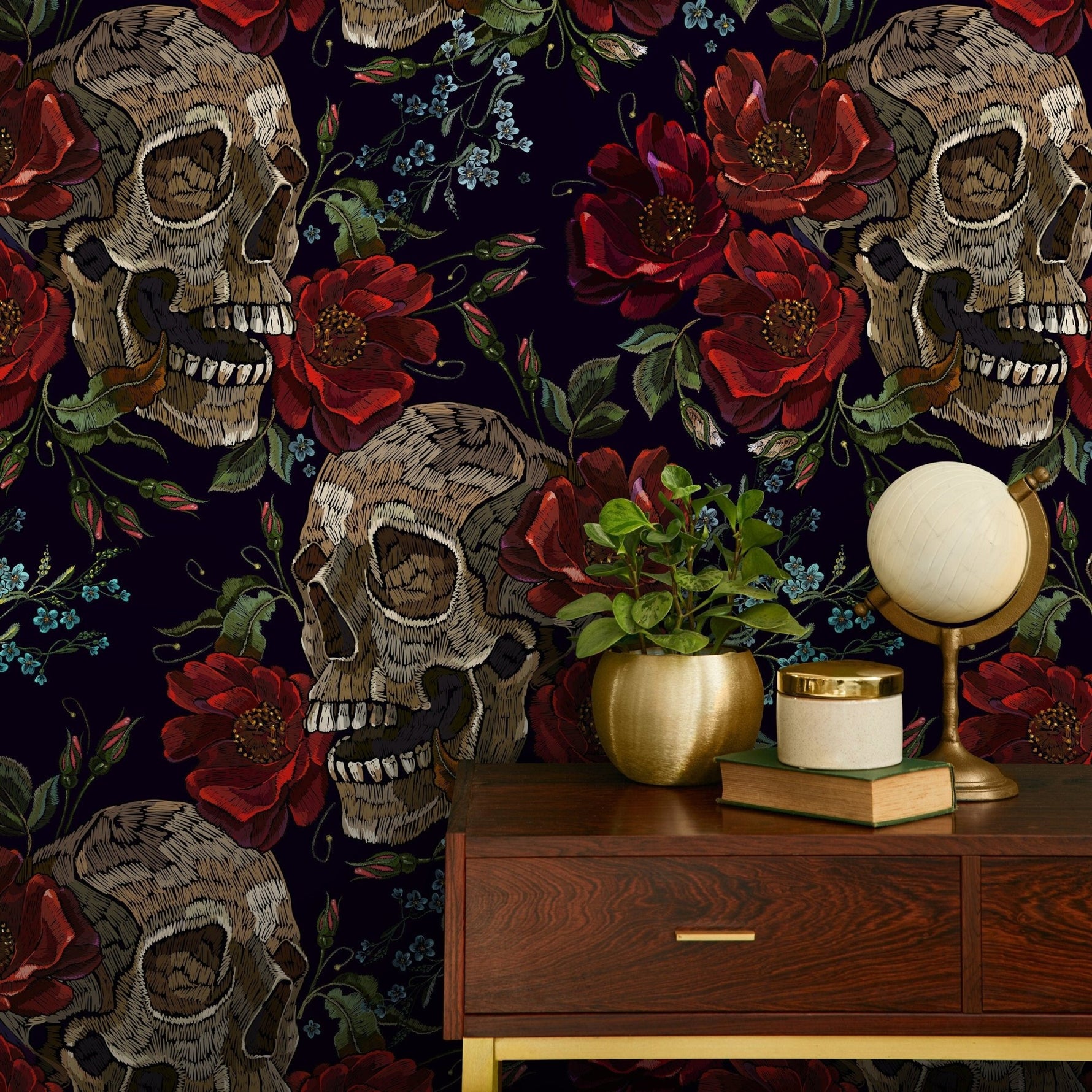 Dark Roses Wallpaper Gothic Skull Wallpaper Peel and Stick and Traditional Wallpaper - D893 - WallTrend