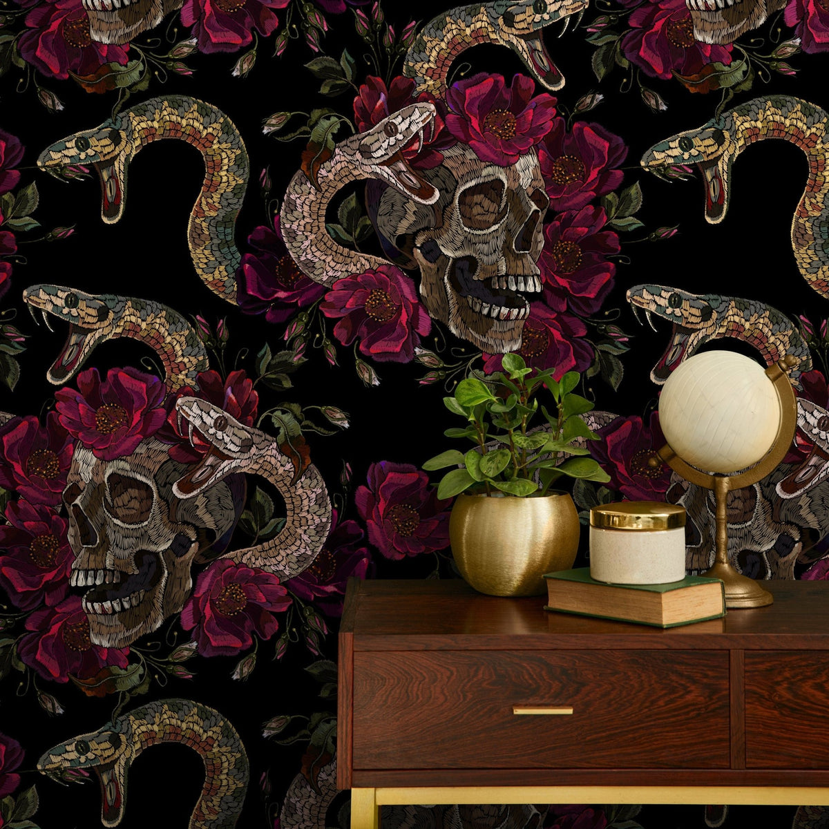 Dark Snake and Skull Wallpaper Maximalist Wallpaper Peel and Stick and Traditional Wallpaper - D903 - WallTrend