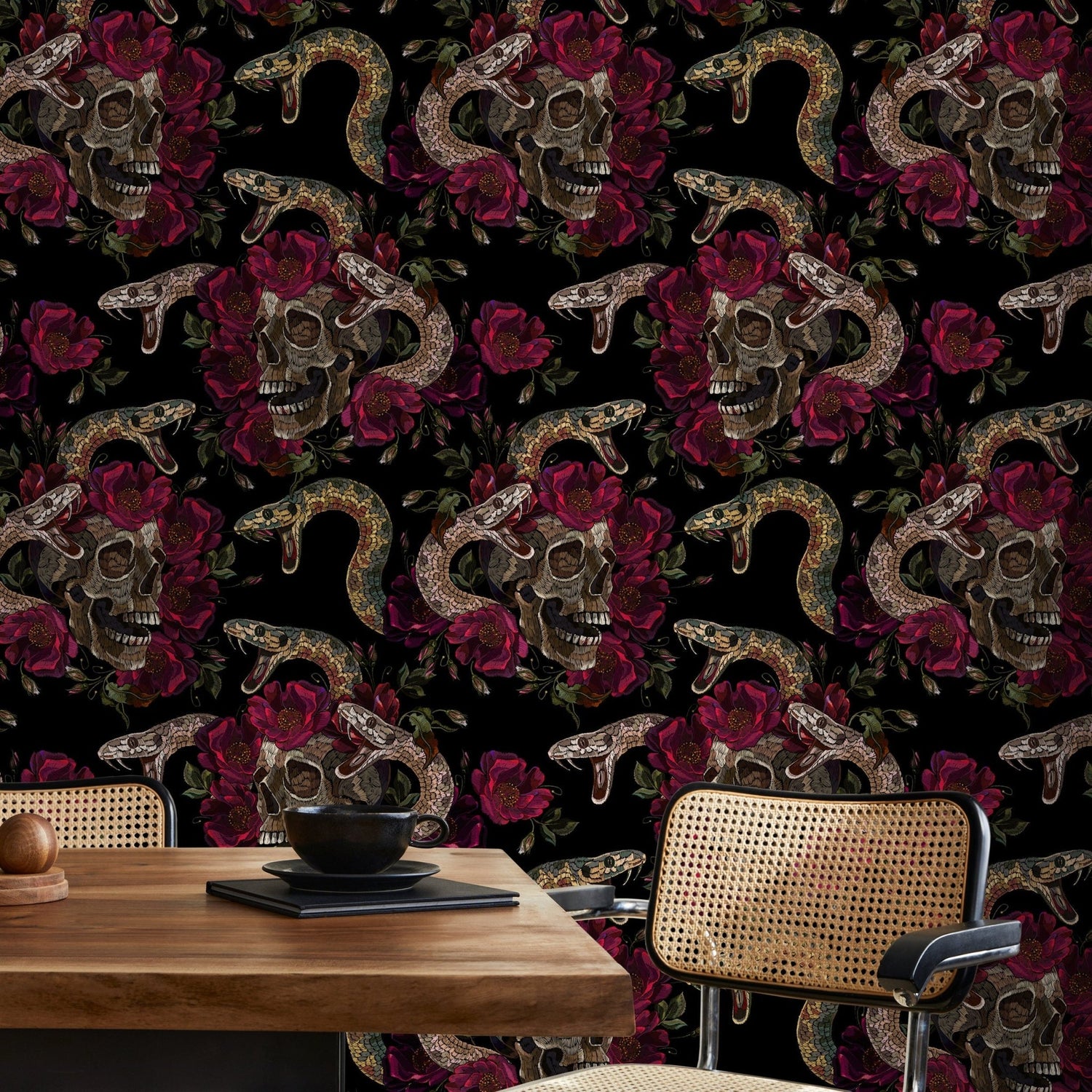 Dark Snake and Skull Wallpaper Maximalist Wallpaper Peel and Stick and Traditional Wallpaper - D903 - WallTrend