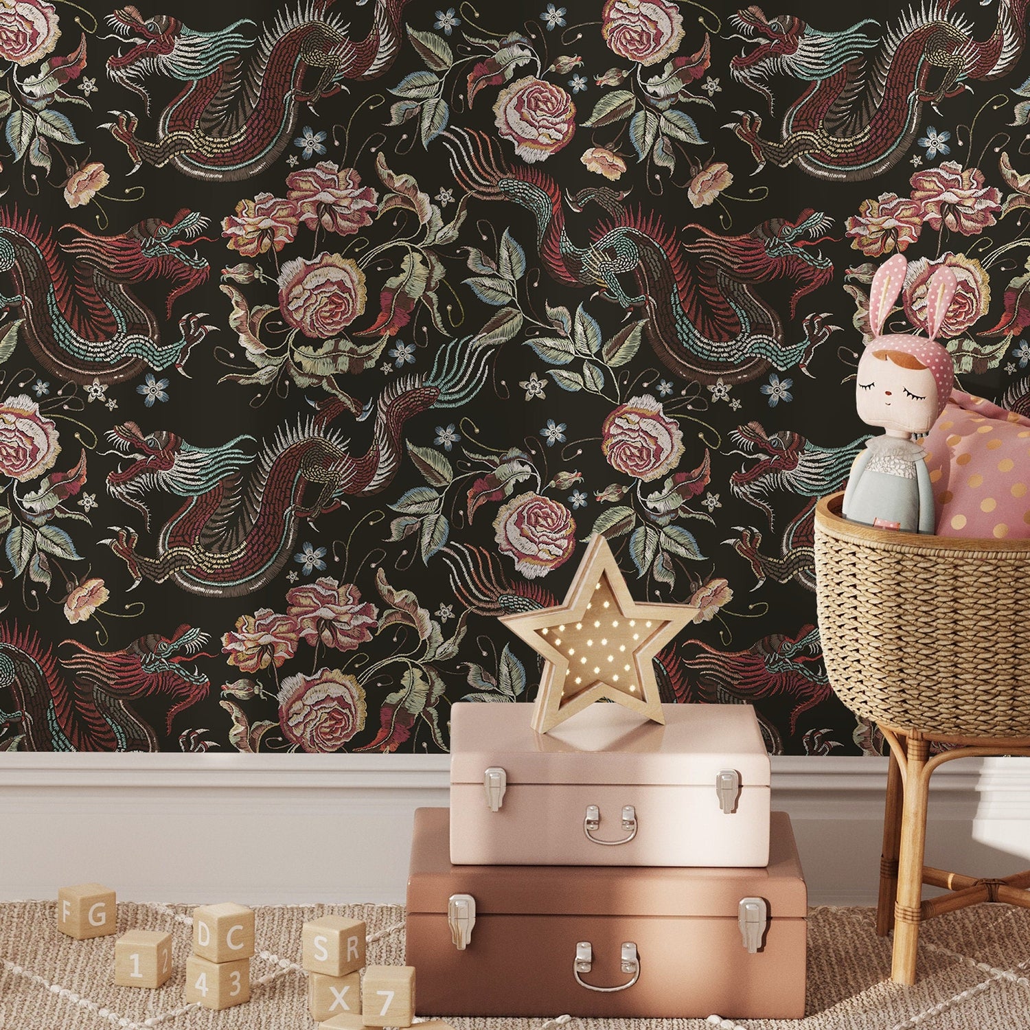 Dragon and Roses Wallpaper Chinoiserie Wallpaper Peel and Stick and Traditional Wallpaper - D880 - WallTrend