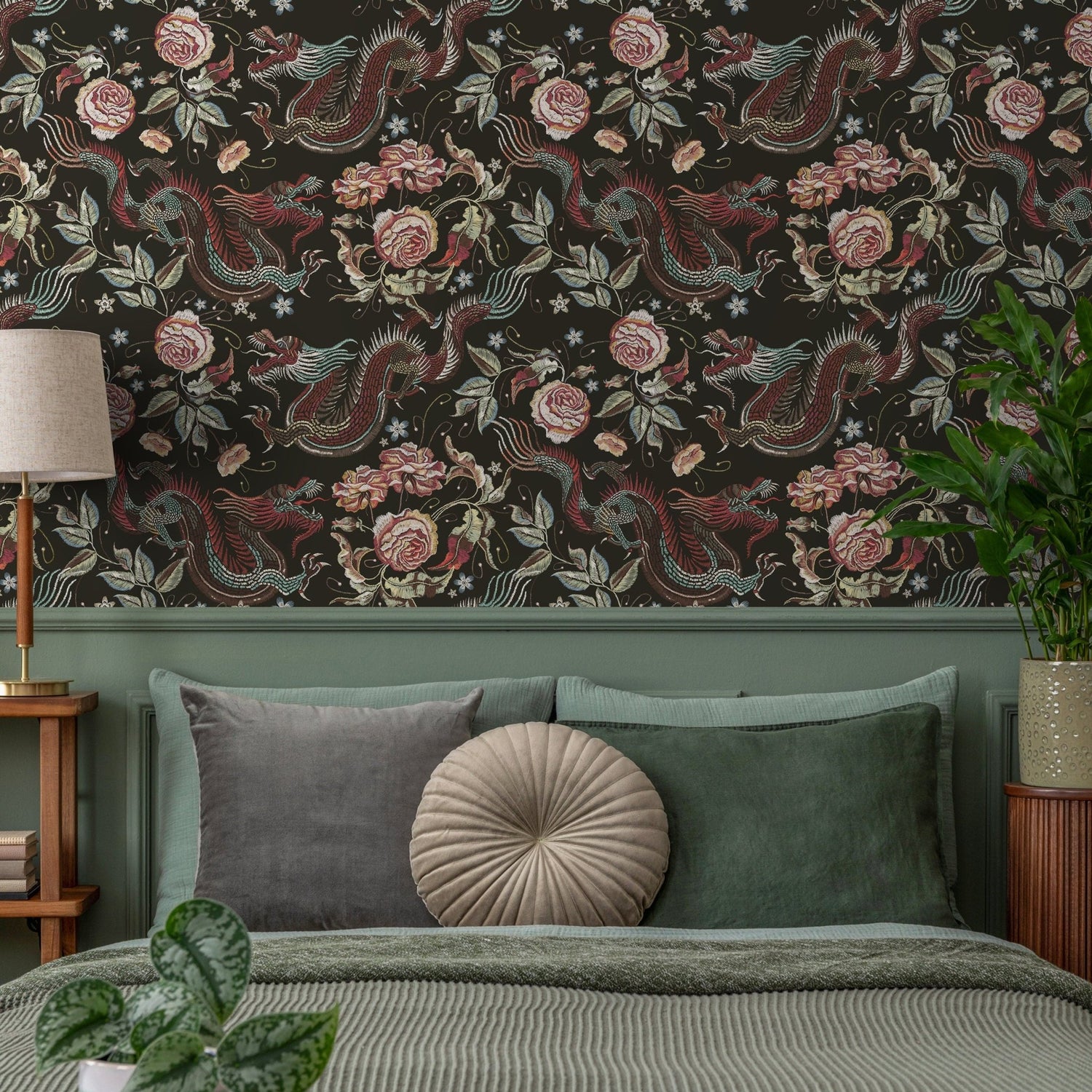 Dragon and Roses Wallpaper Chinoiserie Wallpaper Peel and Stick and Traditional Wallpaper - D880 - WallTrend