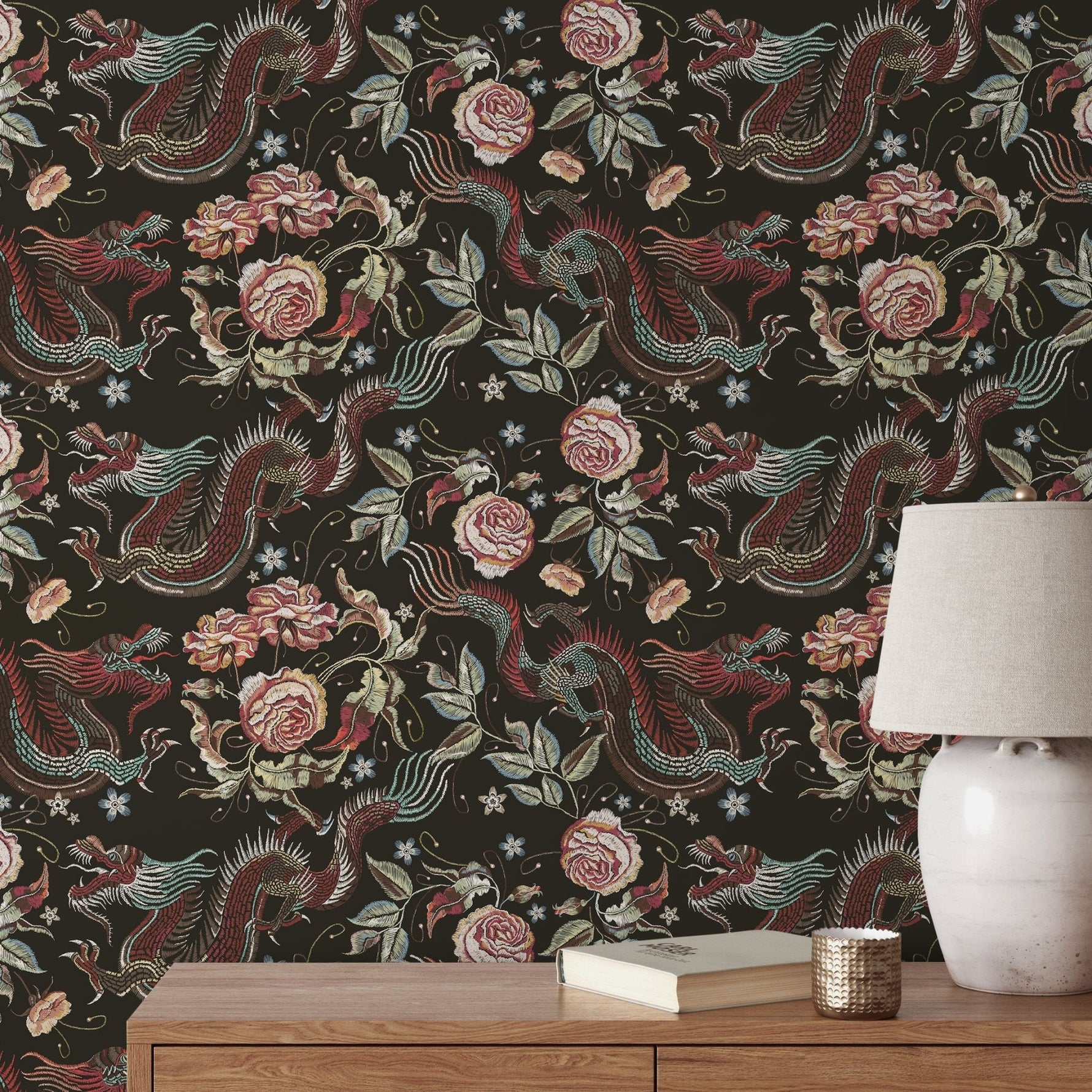 Dragon and Roses Wallpaper Chinoiserie Wallpaper Peel and Stick and Traditional Wallpaper - D880 - WallTrend