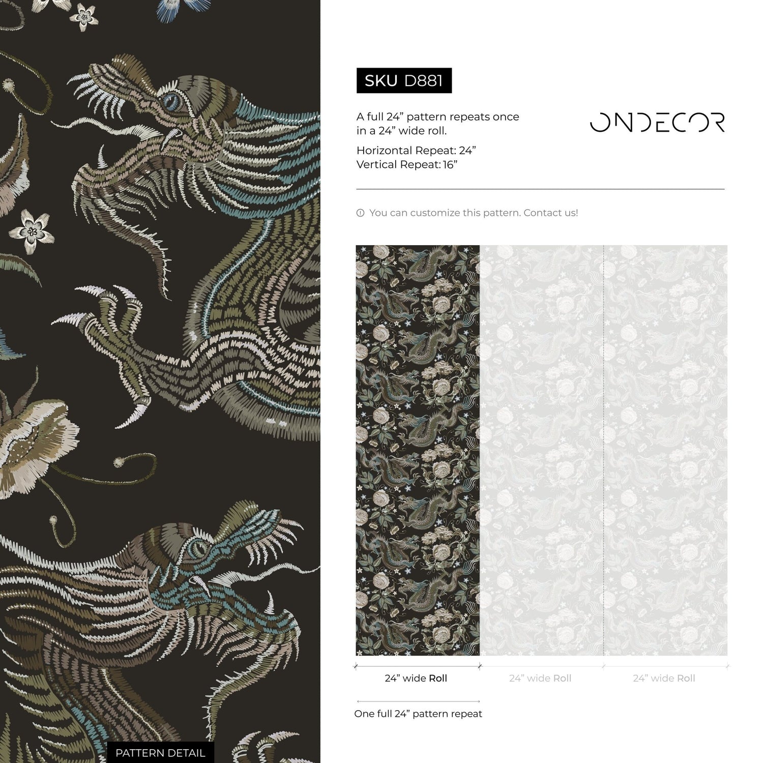 Dragon and Roses Wallpaper Chinoiserie Wallpaper Peel and Stick and Traditional Wallpaper - D881 - WallTrend