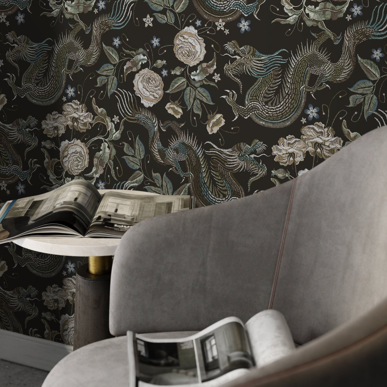 Dragon and Roses Wallpaper Chinoiserie Wallpaper Peel and Stick and Traditional Wallpaper - D881 - WallTrend