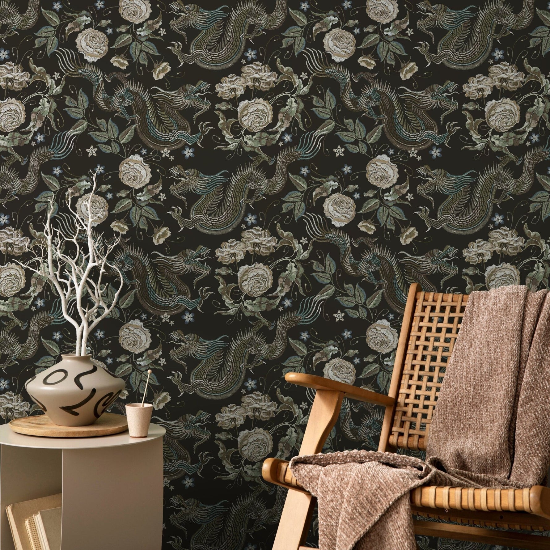 Dragon and Roses Wallpaper Chinoiserie Wallpaper Peel and Stick and Traditional Wallpaper - D881 - WallTrend