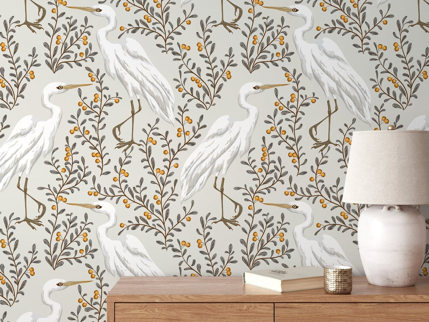 Egret and Flora Wallpaper - D073 - WallTrend