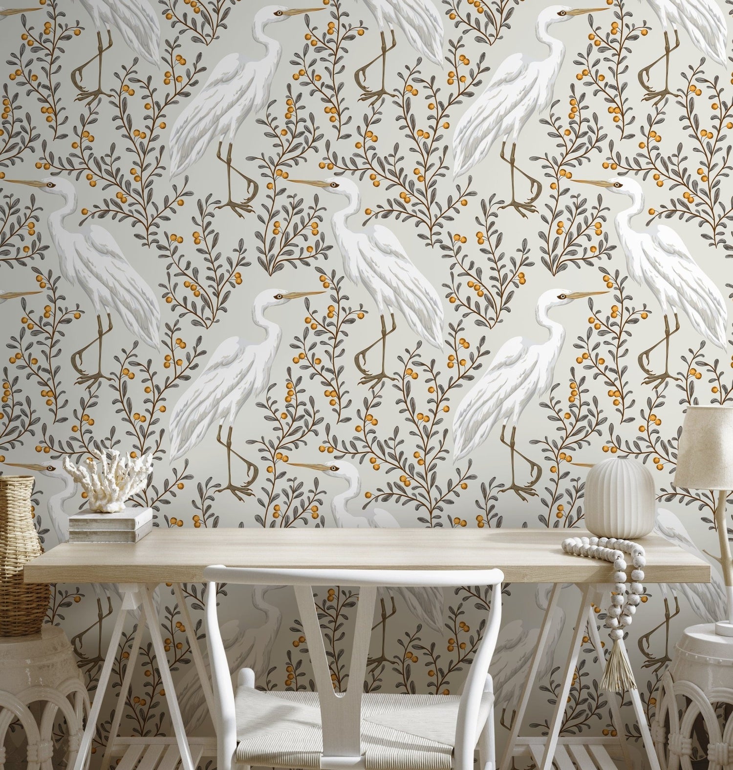 Egret and Flora Wallpaper - D073 - WallTrend