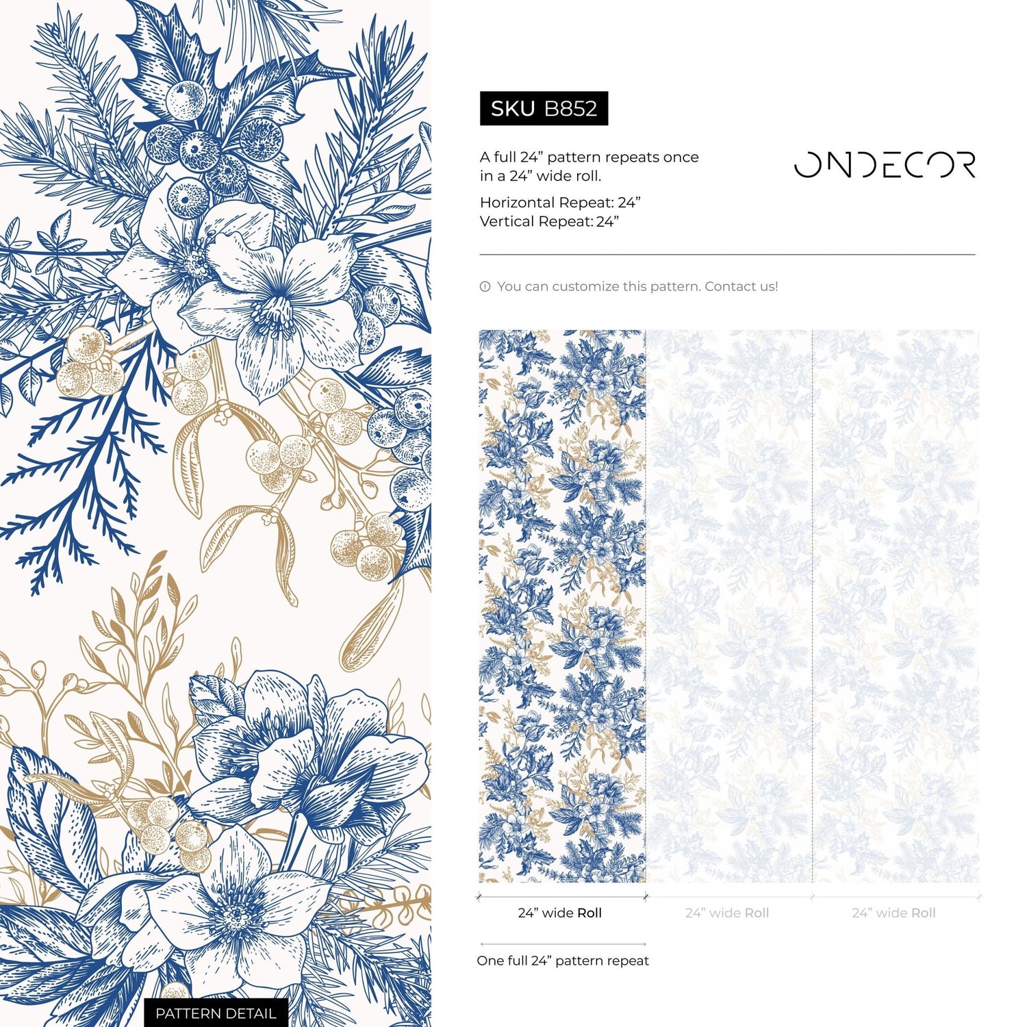 Elegant Blue Floral Bouquet Wallpaper - B852 - WallTrend