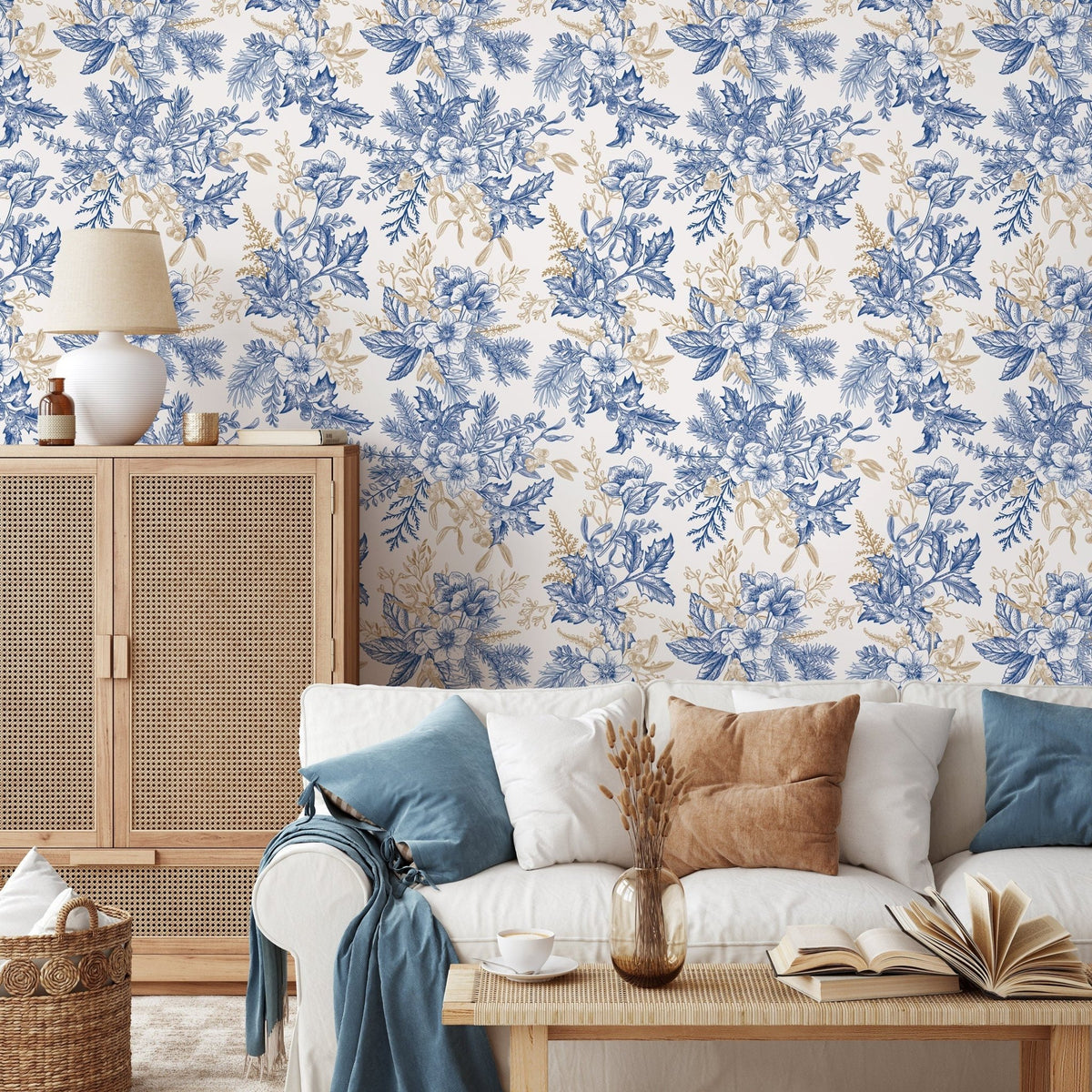 Elegant Blue Floral Bouquet Wallpaper - B852 - WallTrend