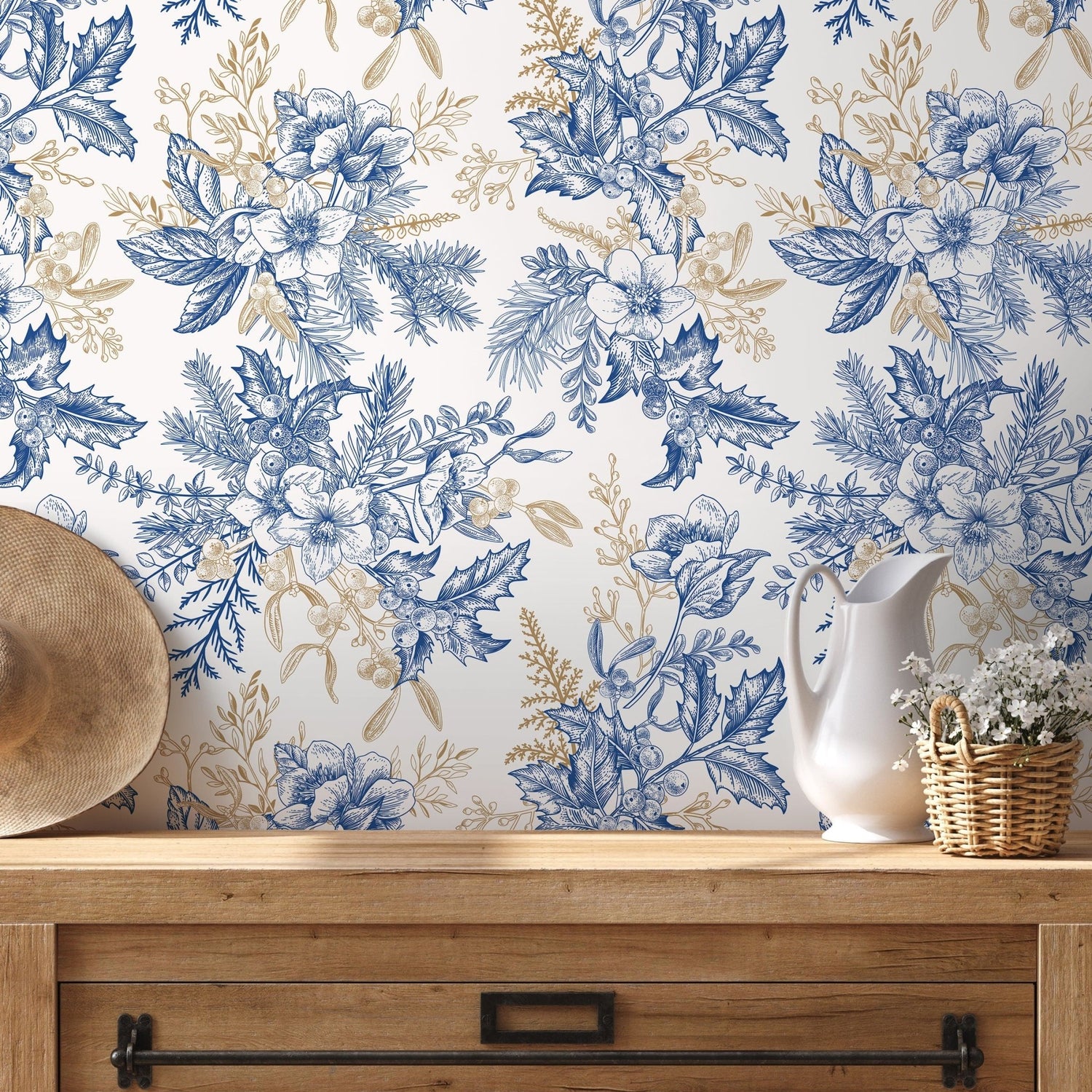 Elegant Blue Floral Bouquet Wallpaper - B852 - WallTrend