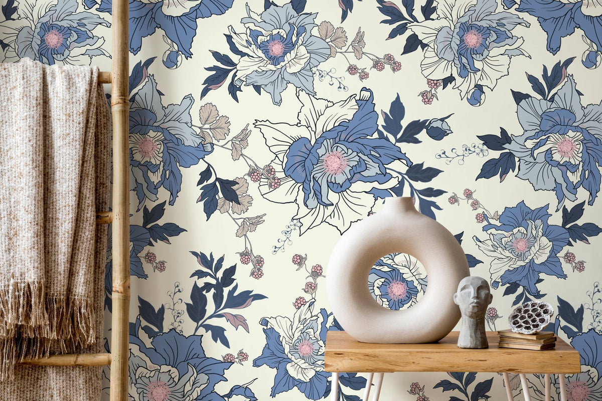 Elegant Blue Floral Wallpaper - B870 - WallTrend