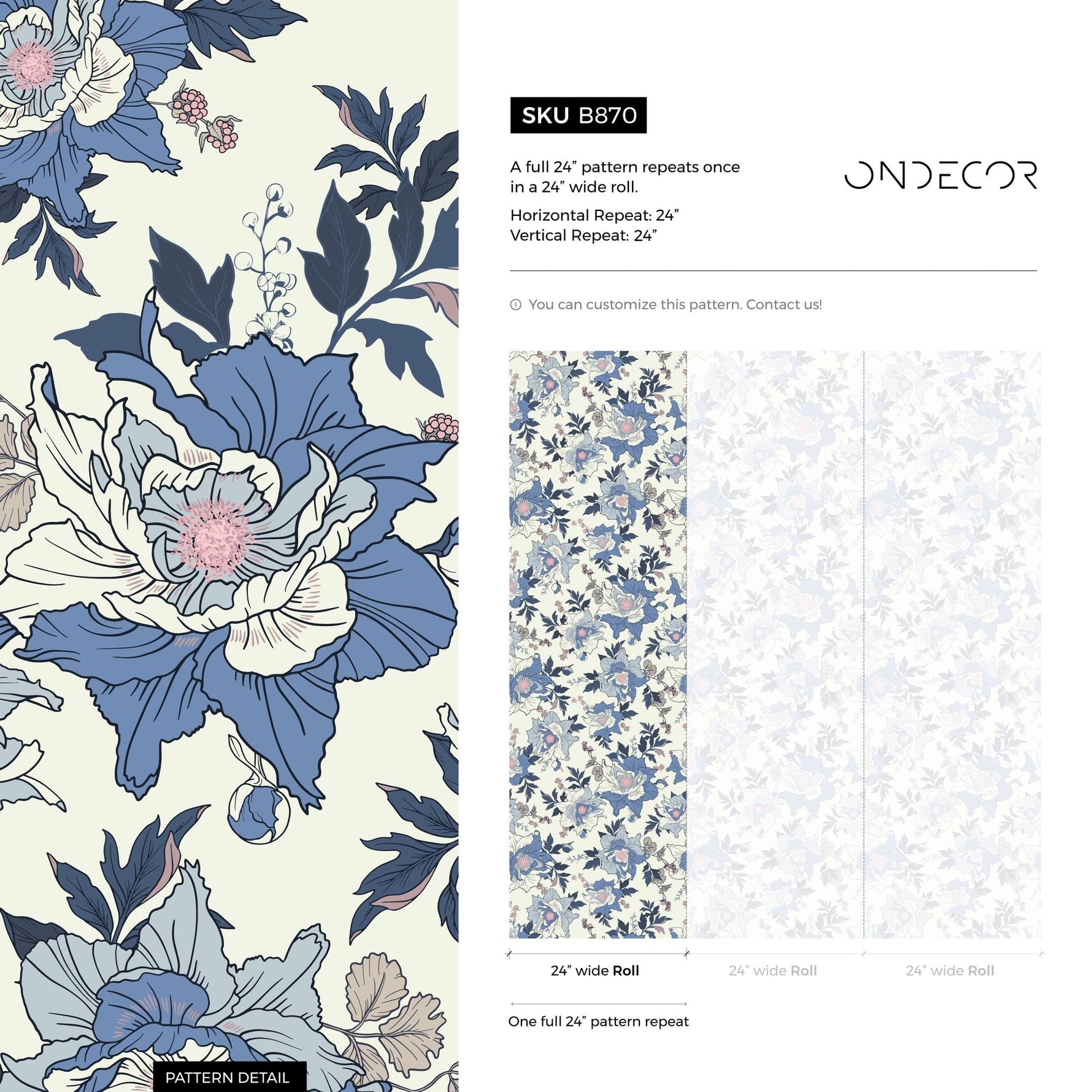 Elegant Blue Floral Wallpaper - B870 - WallTrend