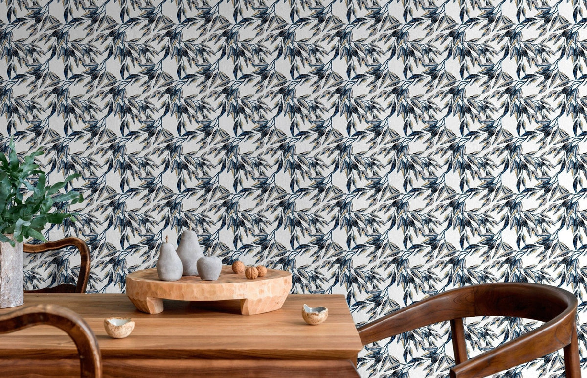 Elegant Blue Leaf Wallpaper - B652 - WallTrend