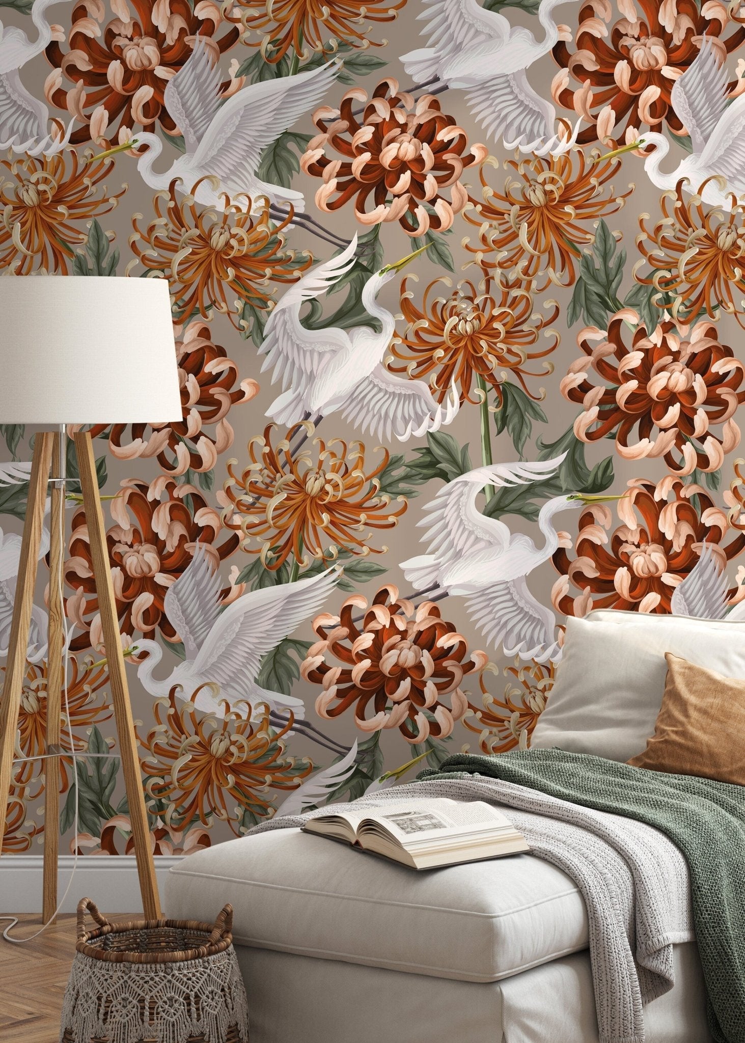 Elegant Chrysanthemum and Crane Design Wallpaper - D265 - WallTrend