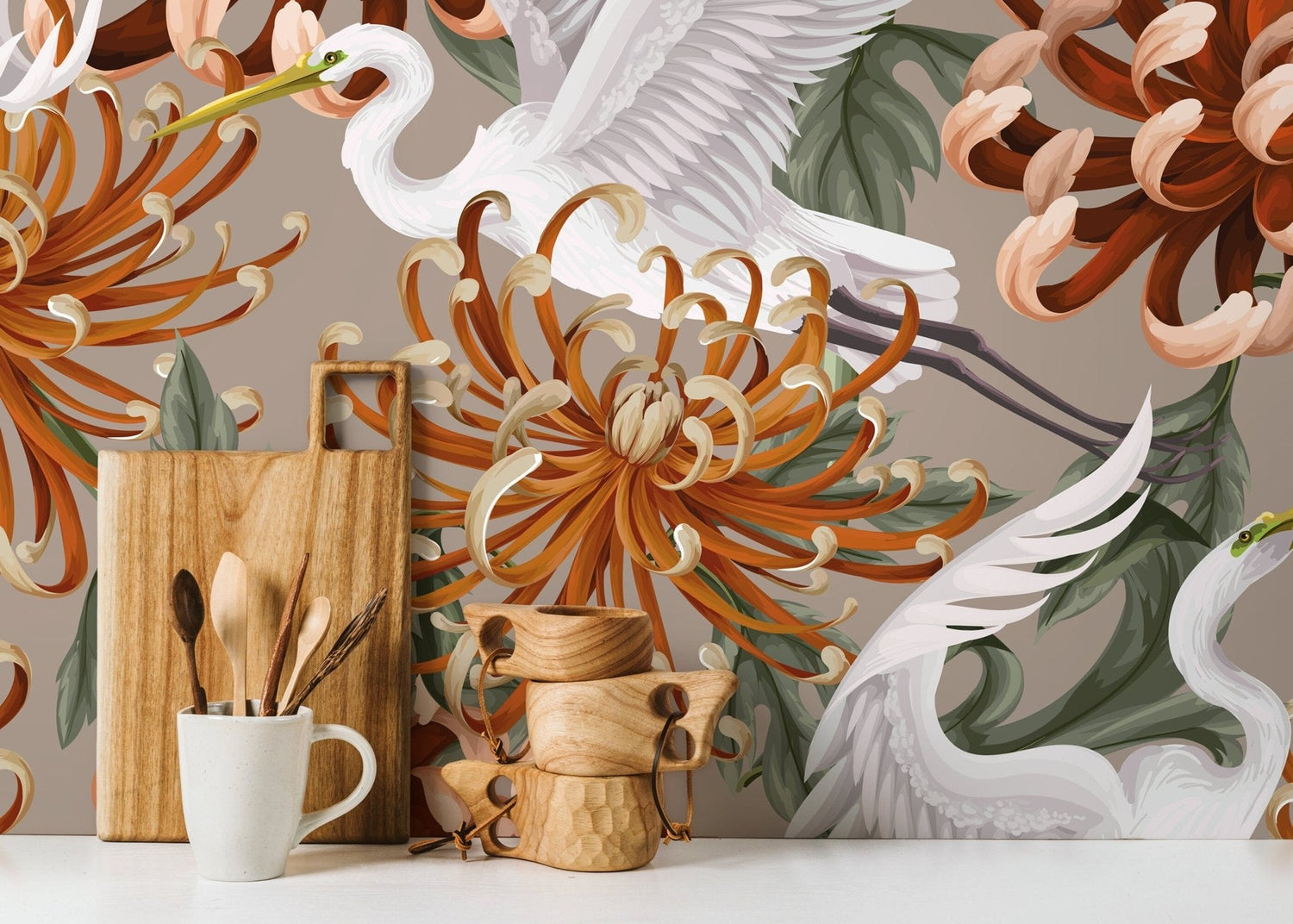Elegant Chrysanthemum and Crane Design Wallpaper - D265 - WallTrend