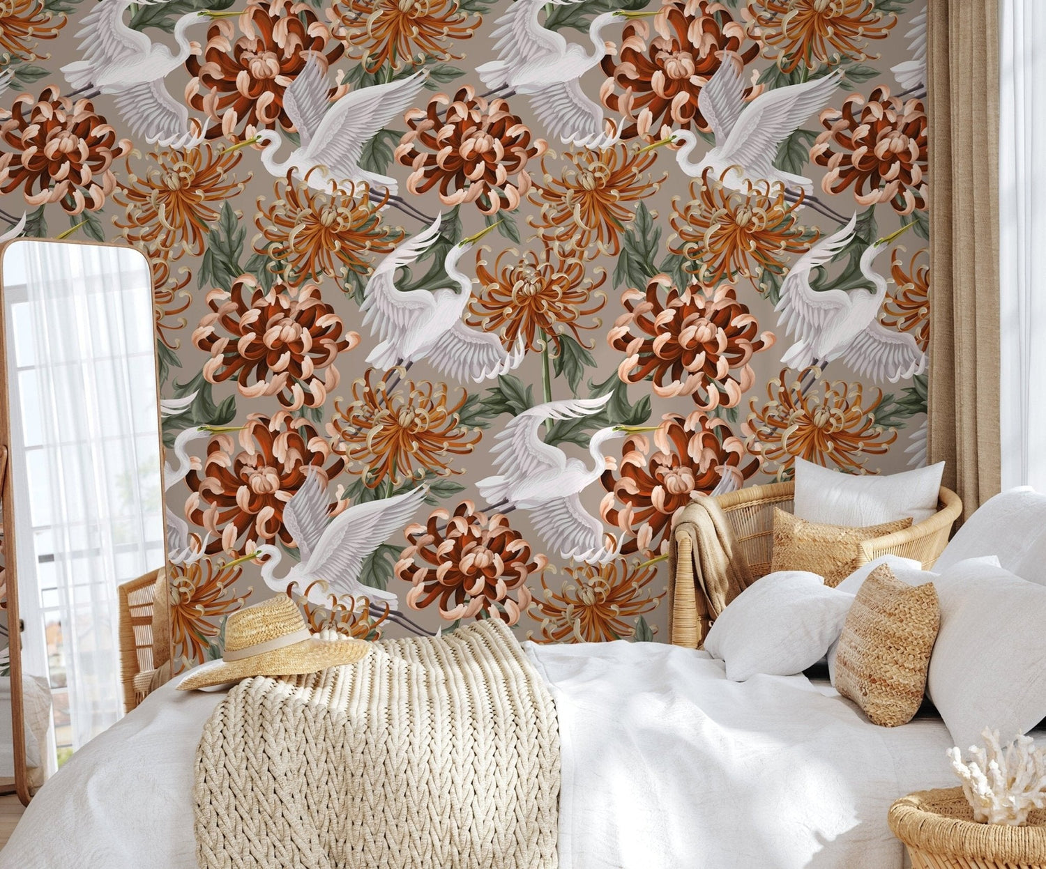 Elegant Chrysanthemum and Crane Design Wallpaper - D265 - WallTrend