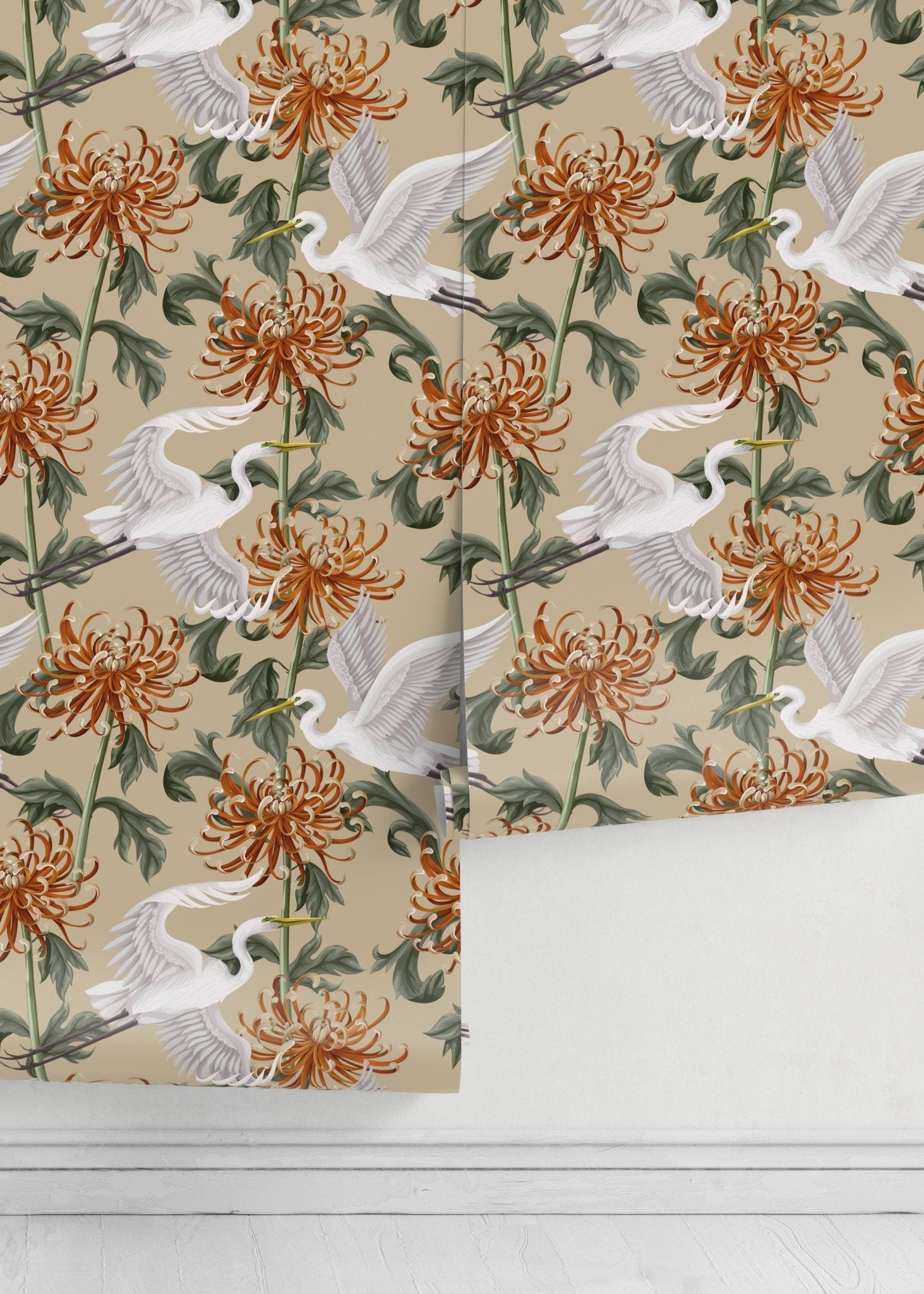 Elegant Crane and Chrysanthemum Wallpaper - D263 - WallTrend