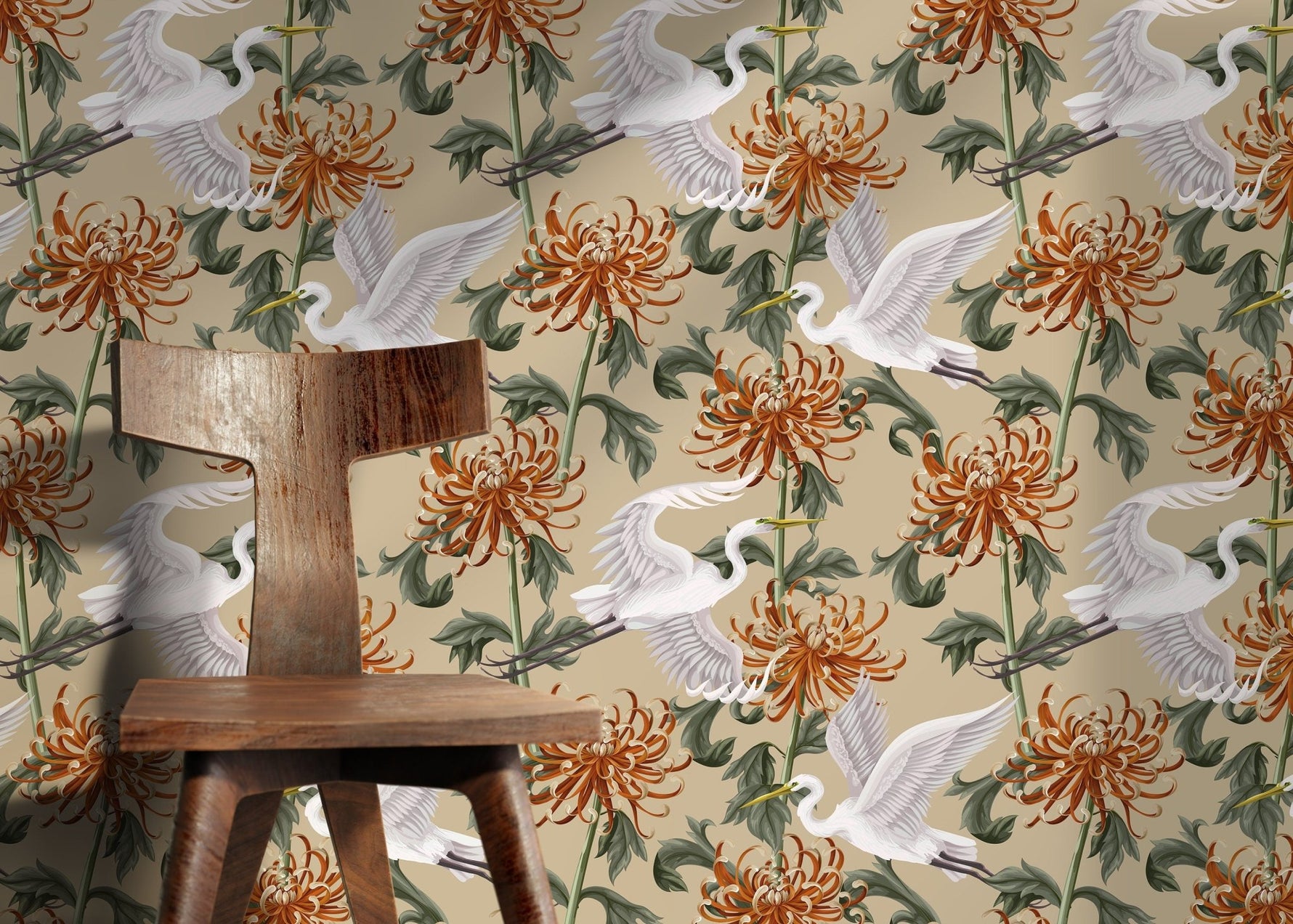 Elegant Crane and Chrysanthemum Wallpaper - D263 - WallTrend