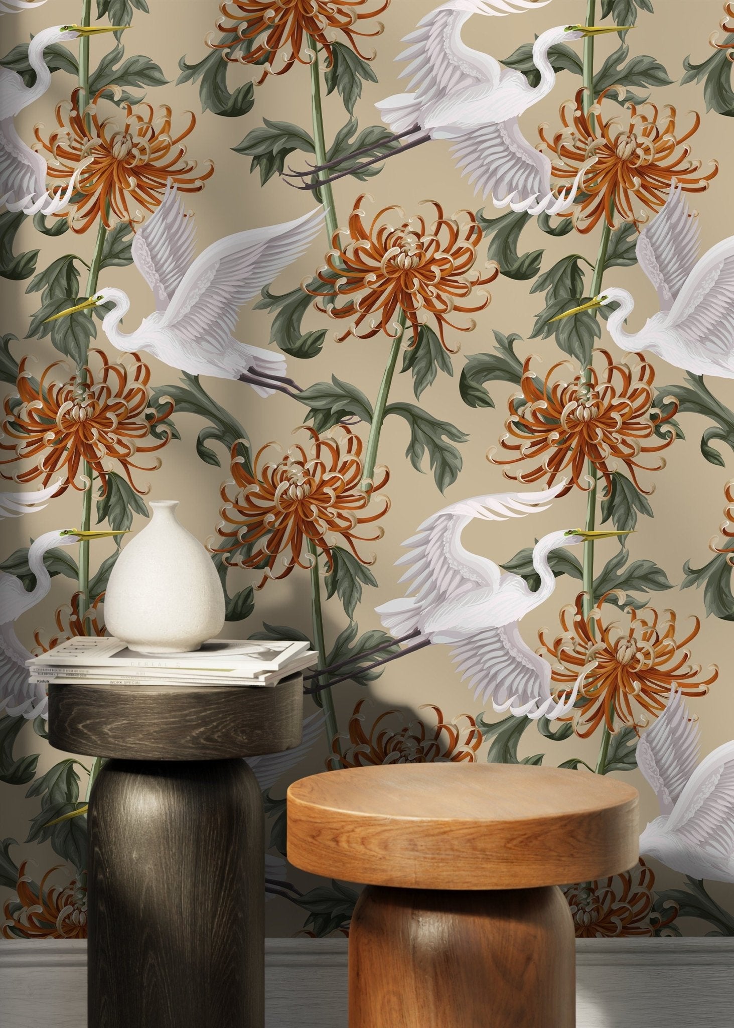 Elegant Crane and Chrysanthemum Wallpaper - D263 - WallTrend