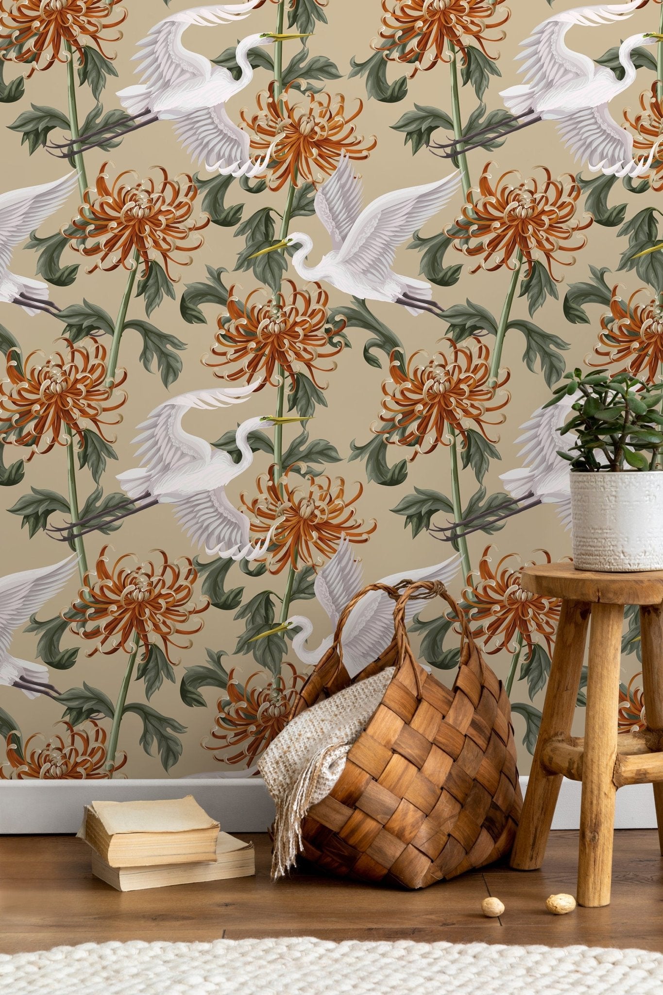 Elegant Crane and Chrysanthemum Wallpaper - D263 - WallTrend