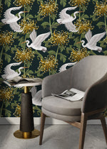 Elegant Cranes and Chrysanthemums Wallpaper - D262 - WallTrend