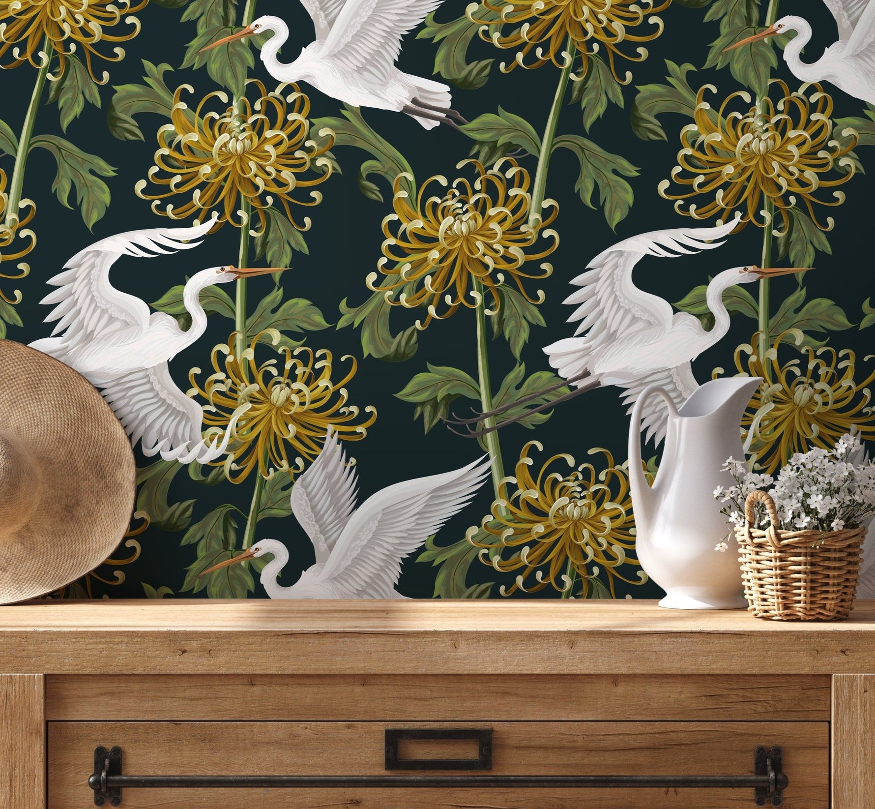 Elegant Cranes and Chrysanthemums Wallpaper - D262 - WallTrend