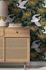 Elegant Cranes and Chrysanthemums Wallpaper - D262 - WallTrend