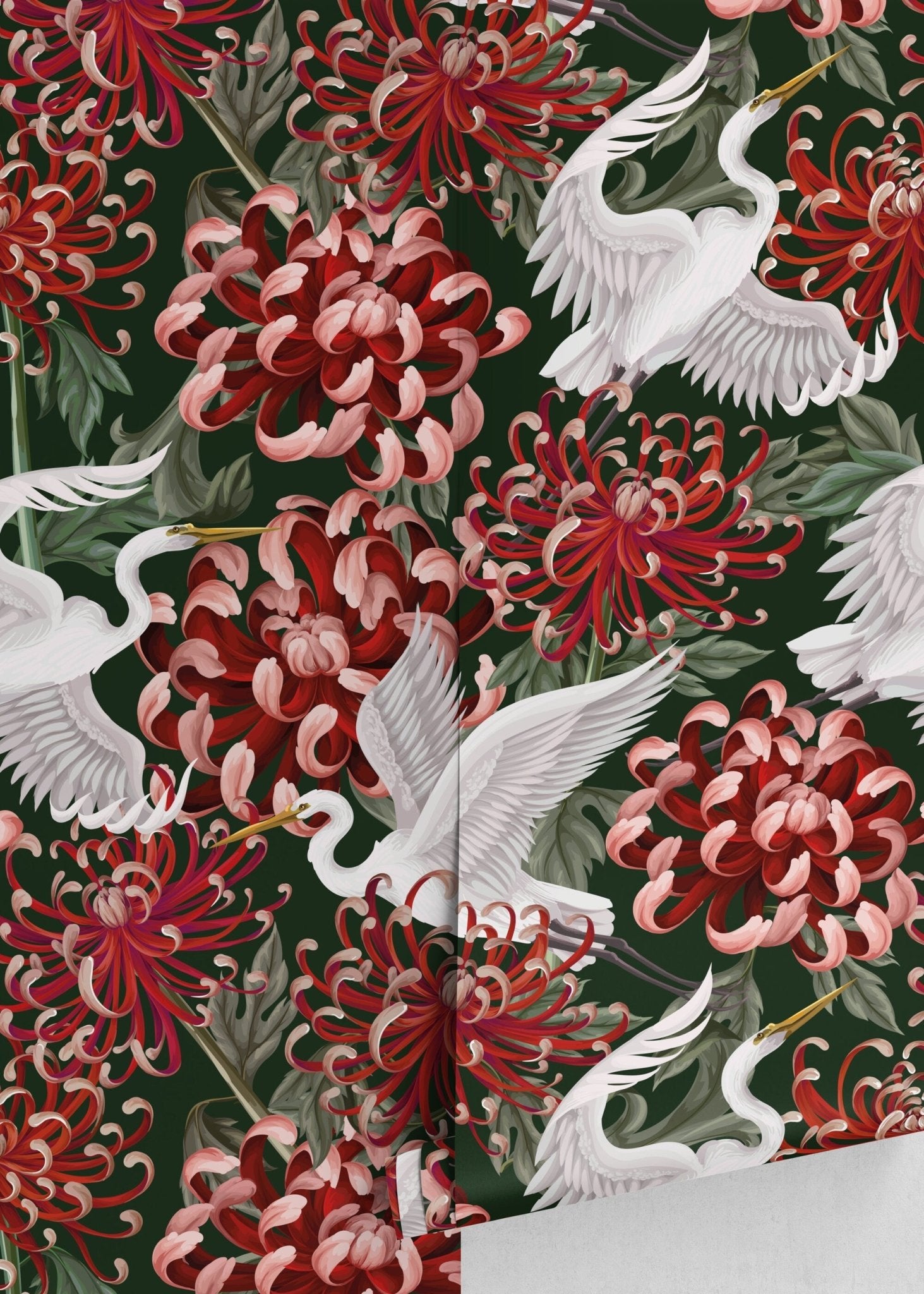 Elegant Cranes and Chrysanthemums Wallpaper - D264 - WallTrend