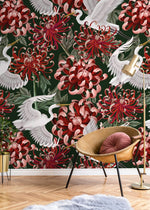 Elegant Cranes and Chrysanthemums Wallpaper - D264 - WallTrend