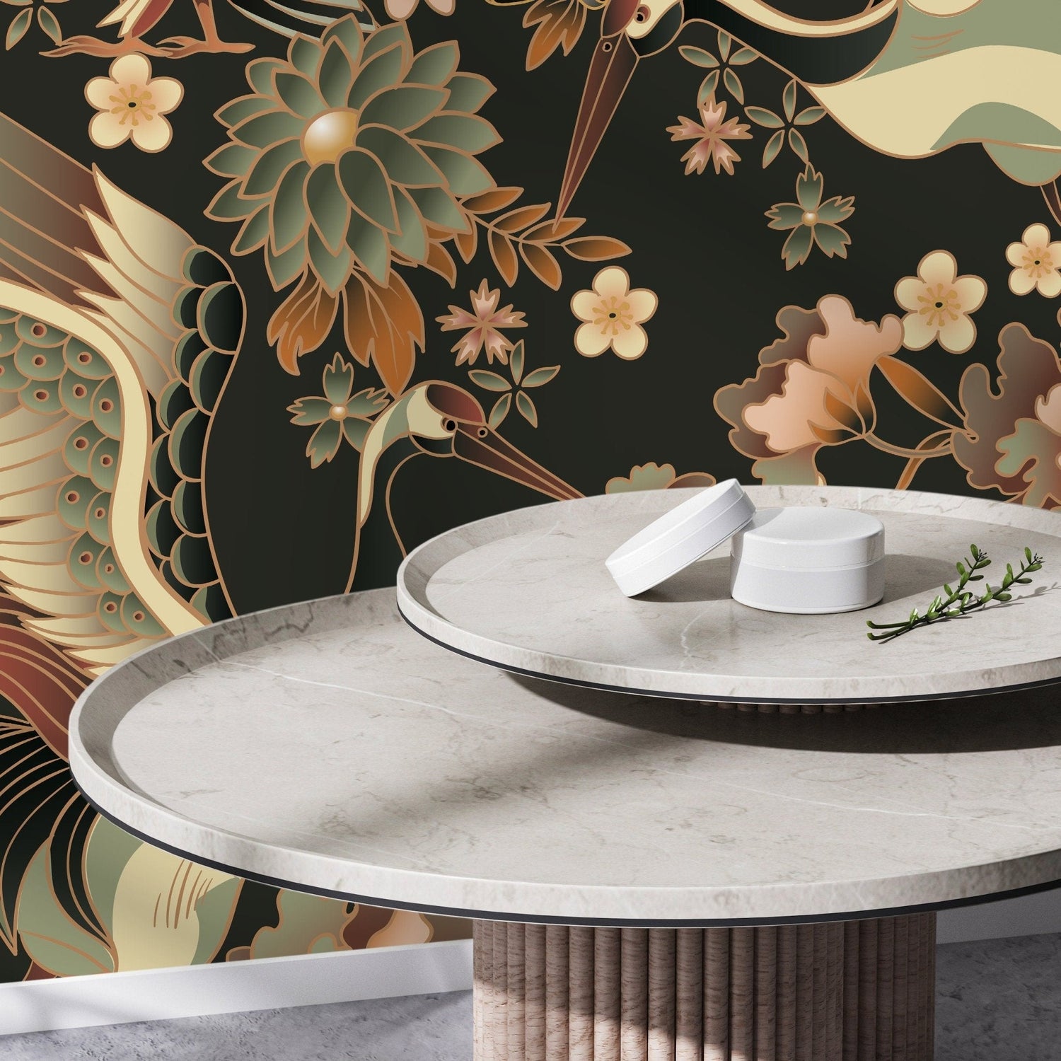 Elegant Cranes and Florals Wallpaper - D246 - WallTrend