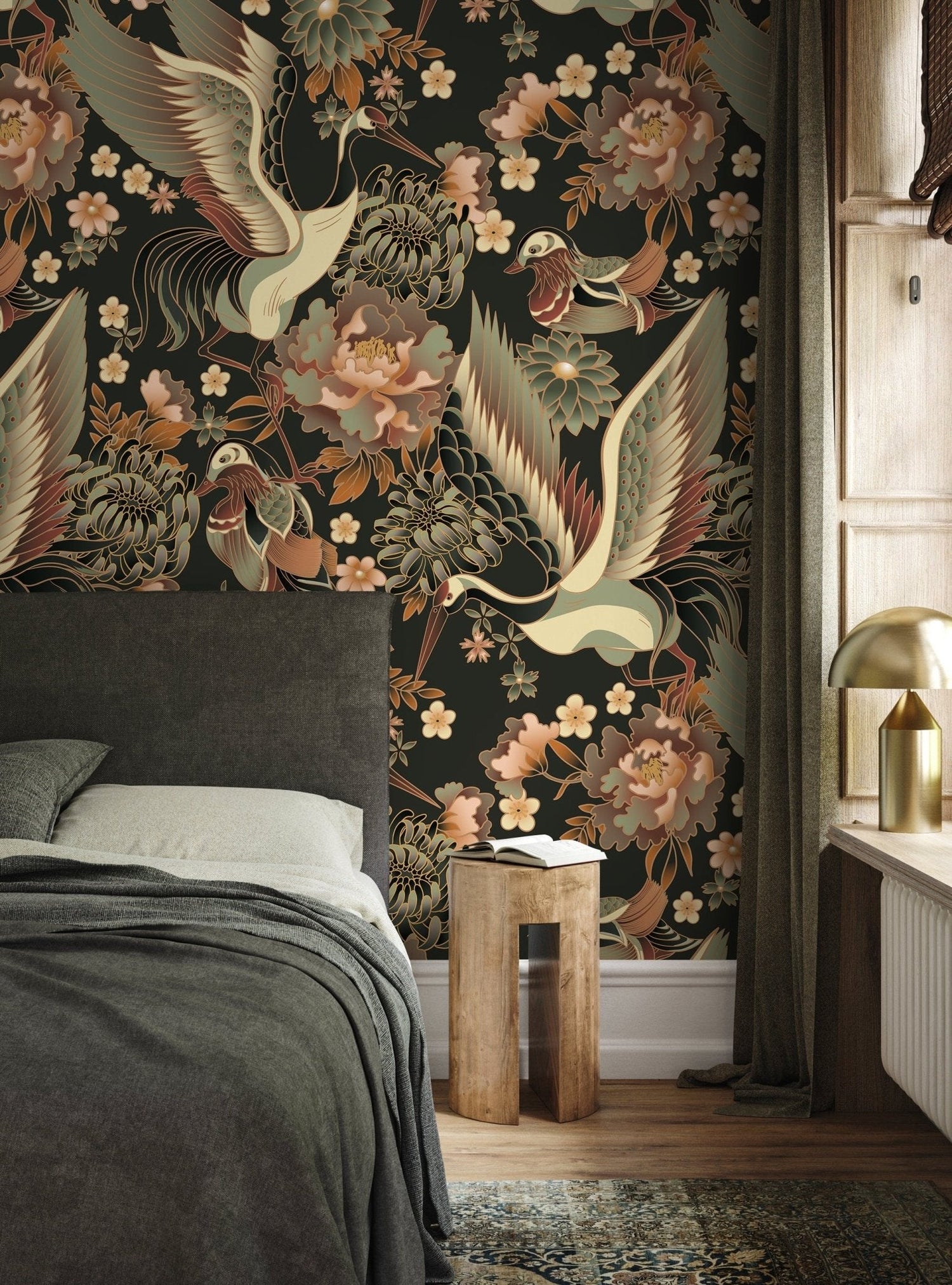Elegant Cranes and Florals Wallpaper - D246 - WallTrend