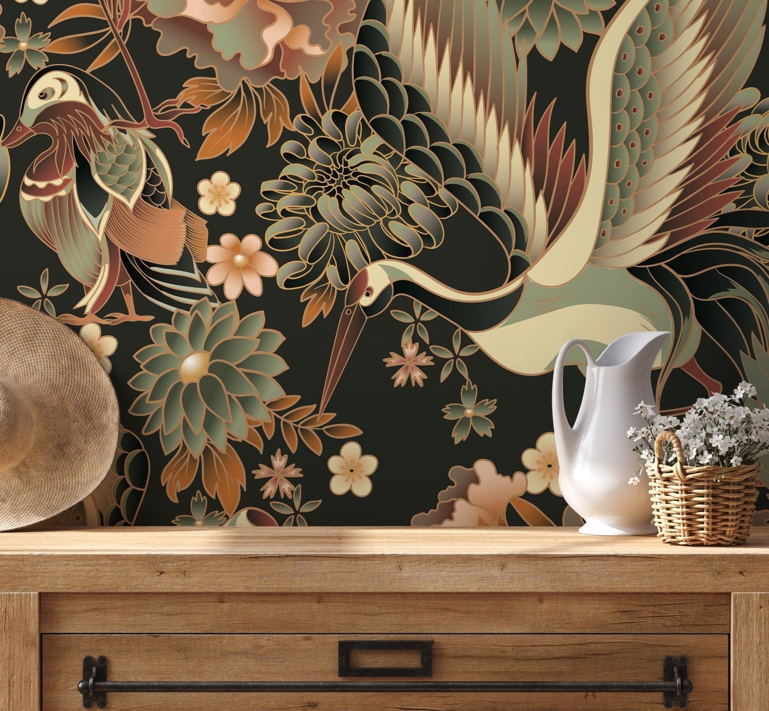 Elegant Cranes and Florals Wallpaper - D246 - WallTrend