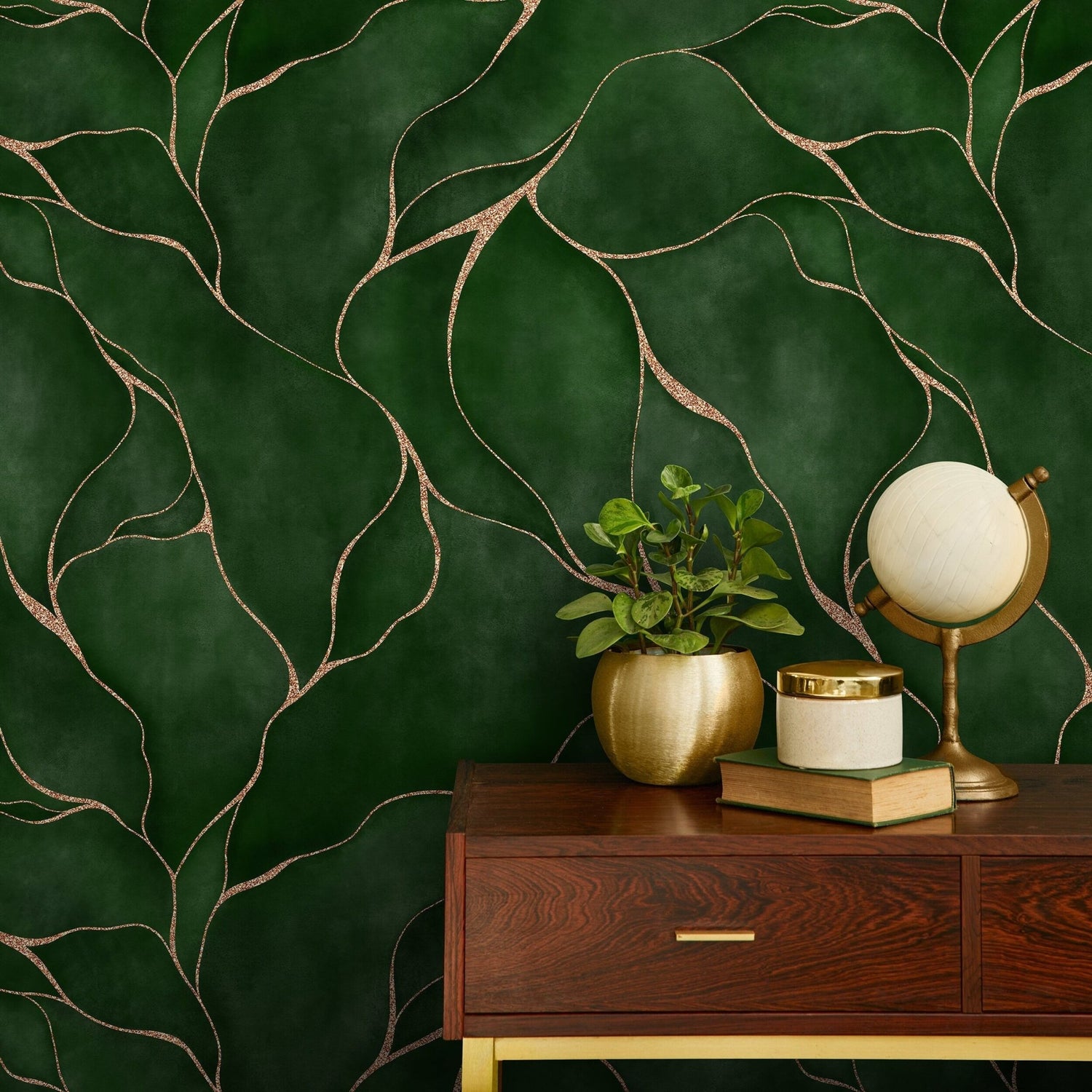 Elegant Green and Copper Veins Wallpaper - C455 - WallTrend