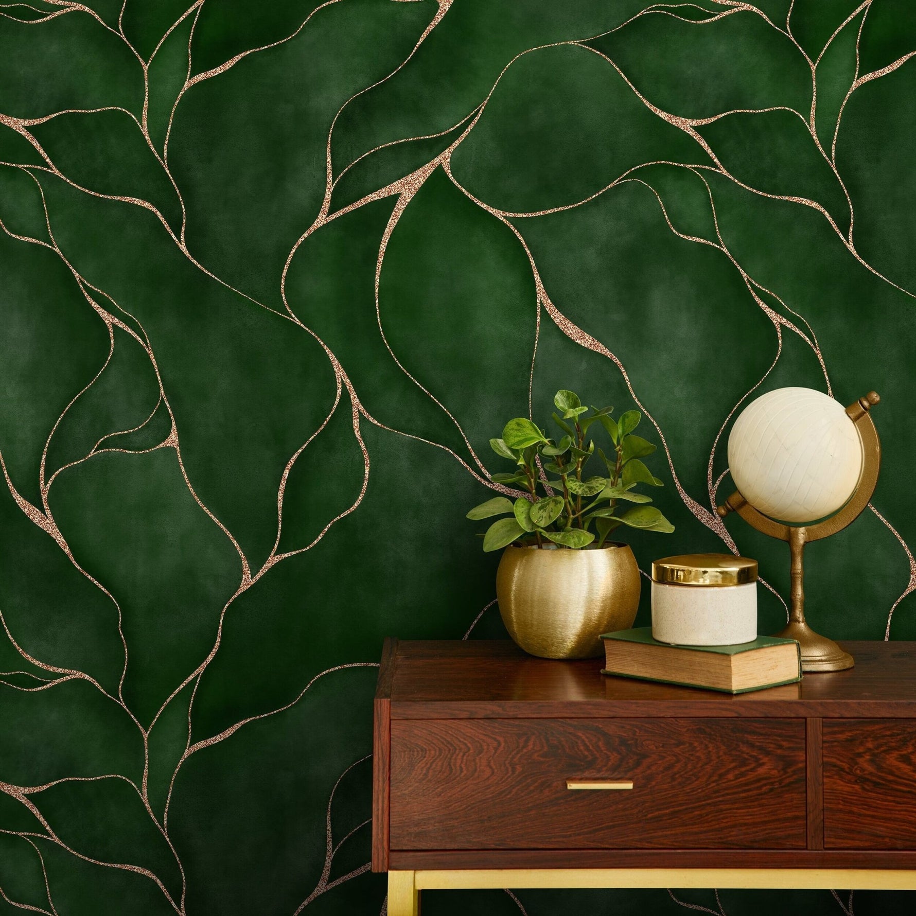 Elegant Green and Copper Veins Wallpaper - C455 - WallTrend